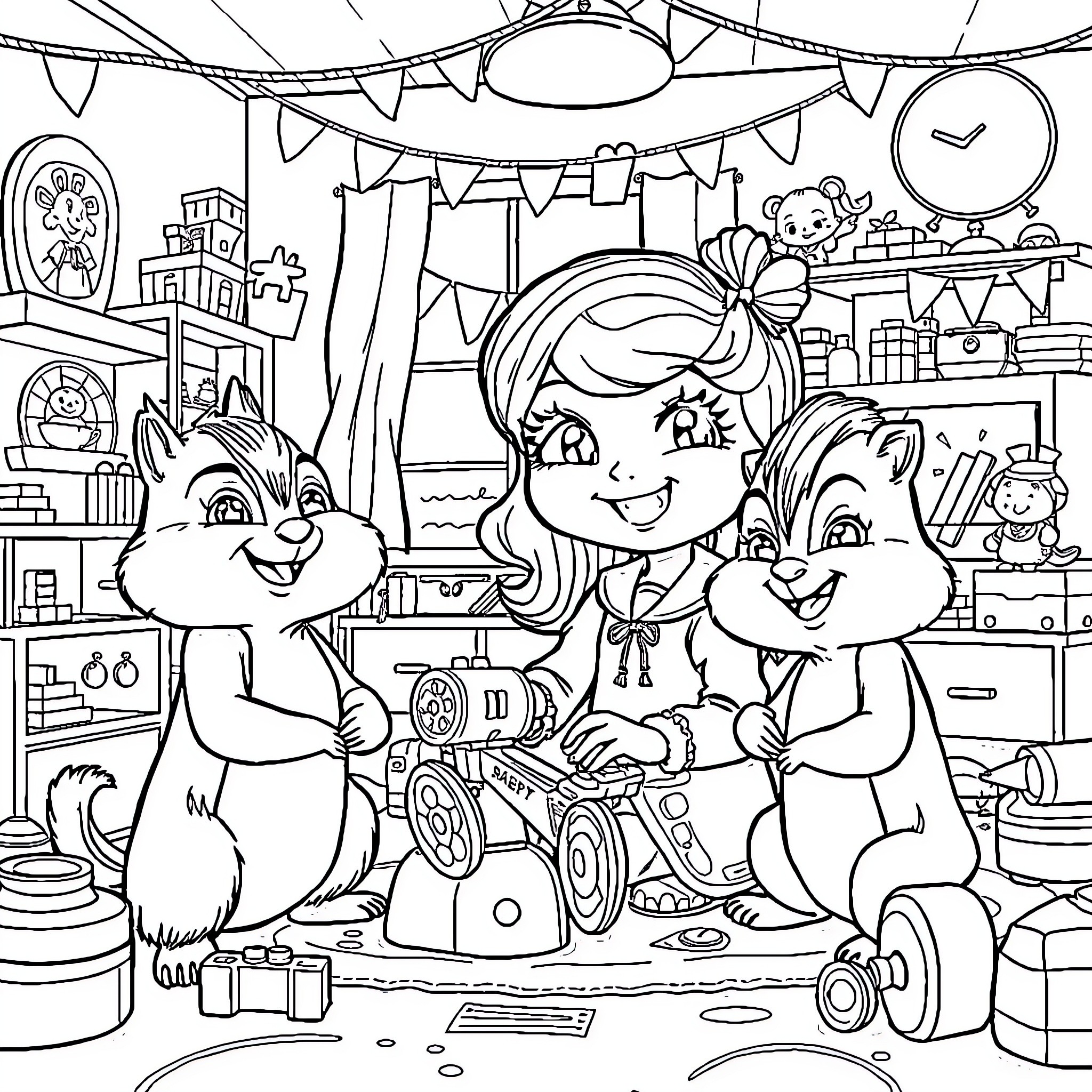 Gabby Dollhouse - Friends playing and exploring in Gabby's playroom Coloring Page (free black-and-white line drawing printable PDF for all, from beginners to advanced learners, including children, teens, adults, and seniors)
