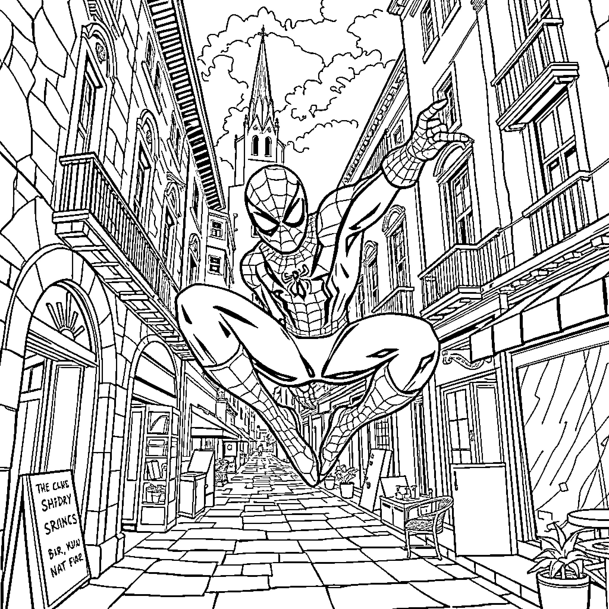 Spiderman swinging through the city streets Coloring Page (free black-and-white line drawing printable PDF for all, from beginners to advanced learners, including children, teens, adults, and seniors)