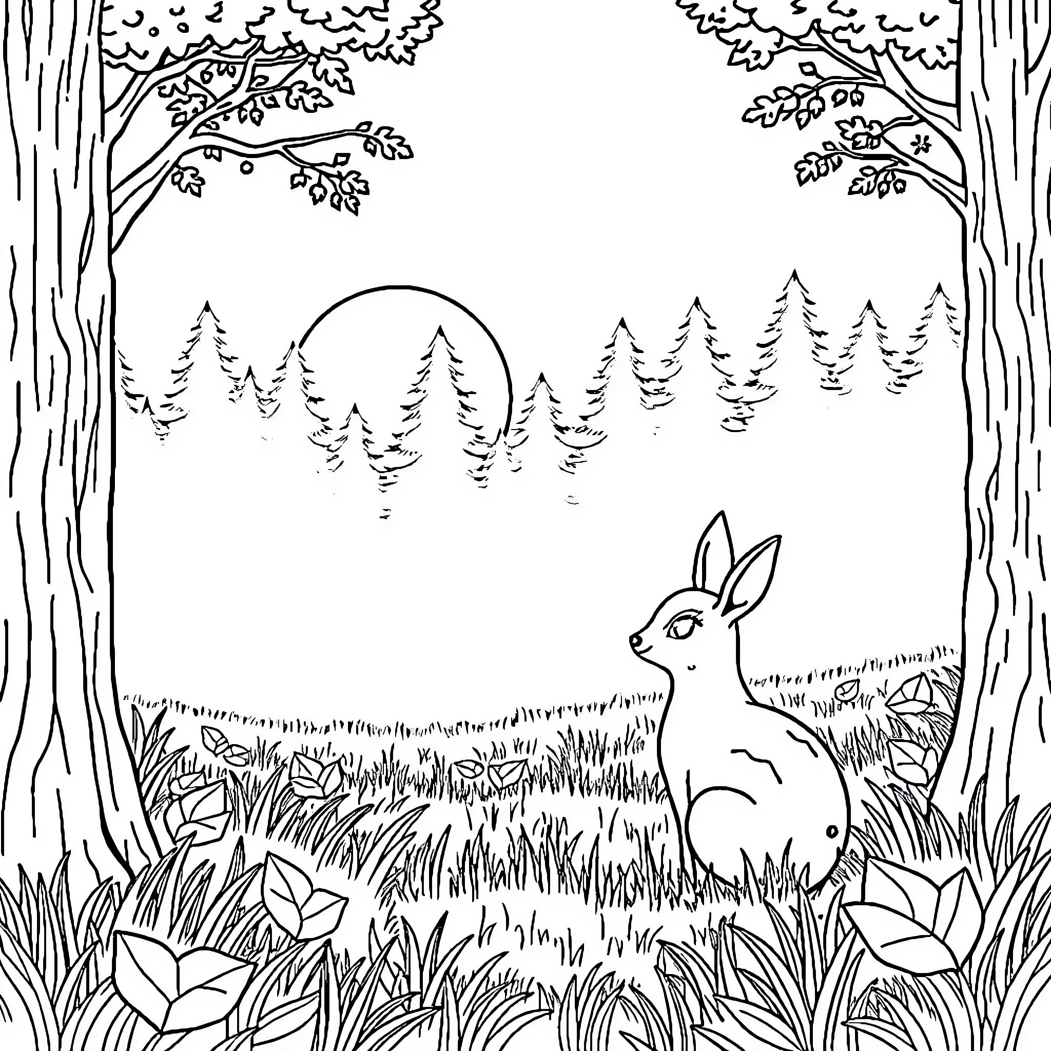 Deer resting peacefully in serene forest landscape Coloring Page (free black-and-white line drawing printable PDF for all, from beginners to advanced learners, including children, teens, adults, and seniors)