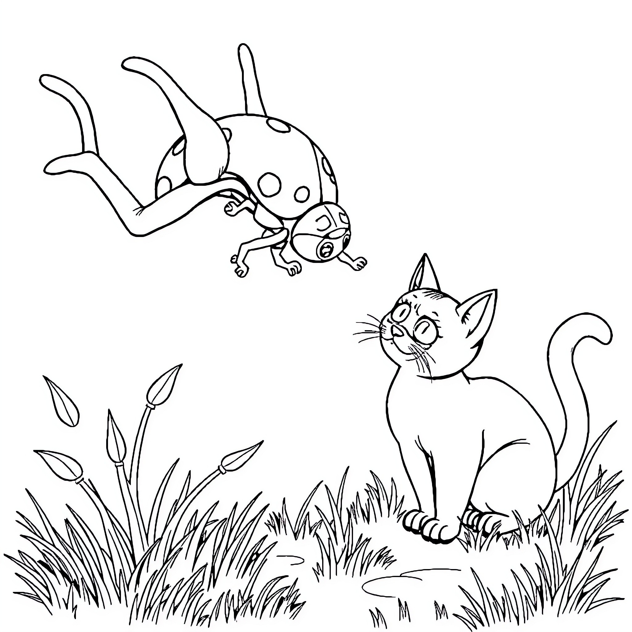 Ladybug exploring nature with curious cat Coloring Page (free black-and-white line drawing printable PDF for all, from beginners to advanced learners, including children, teens, adults, and seniors)