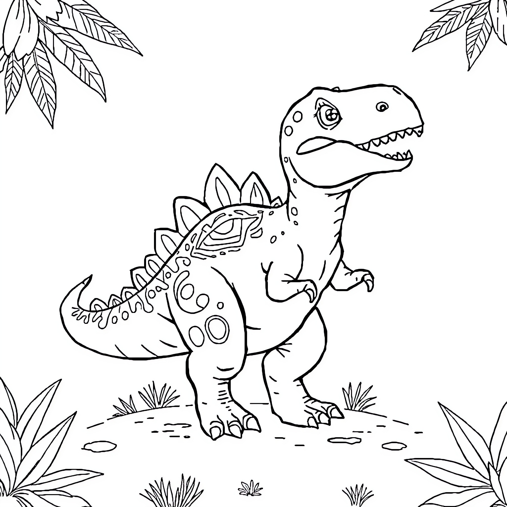 Dinosaur roaring in a jungle scene Coloring Page (free black-and-white line drawing printable PDF for all, from beginners to advanced learners, including children, teens, adults, and seniors)