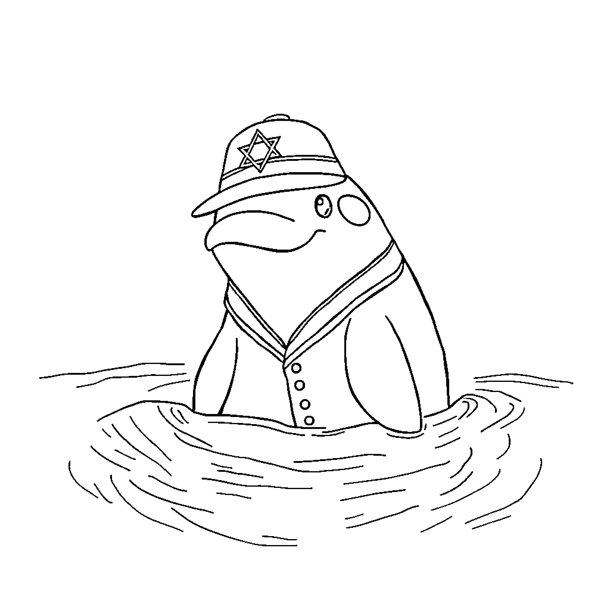 Beluga Whale wearing a hat in the water Coloring Page (free black-and-white line drawing printable PDF for all, from beginners to advanced learners, including children, teens, adults, and seniors)