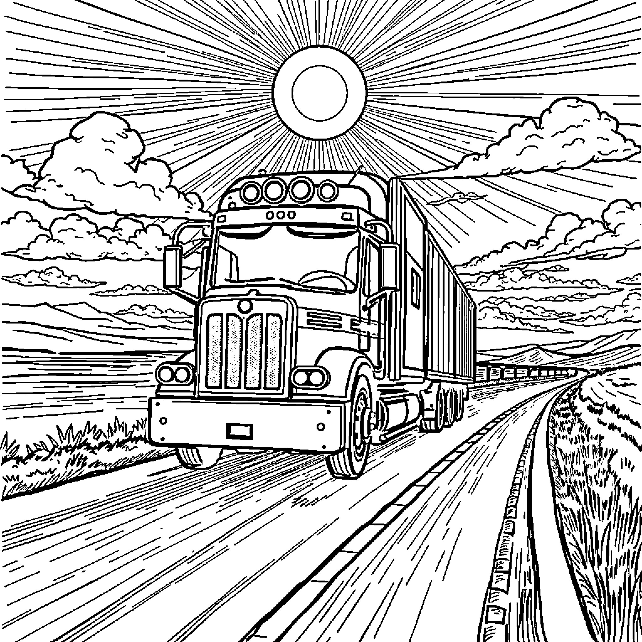 Camion Truck Journeying on Winding Road Coloring Page (free black-and-white line drawing printable PDF for all, from beginners to advanced learners, including children, teens, adults, and seniors)