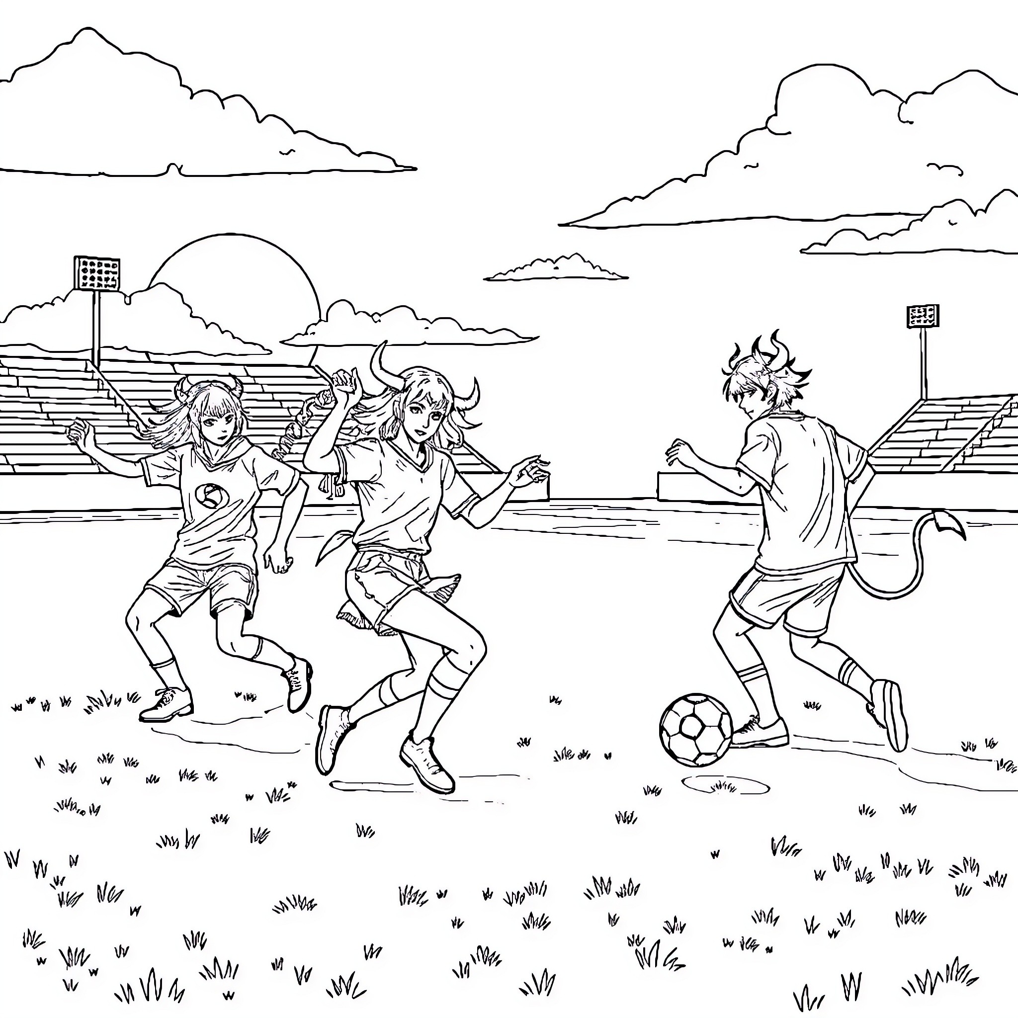 Kpop Demon Hunters in a Fiery Soccer Match Coloring Page (free black-and-white line drawing printable PDF for all, from beginners to advanced learners, including children, teens, adults, and seniors)