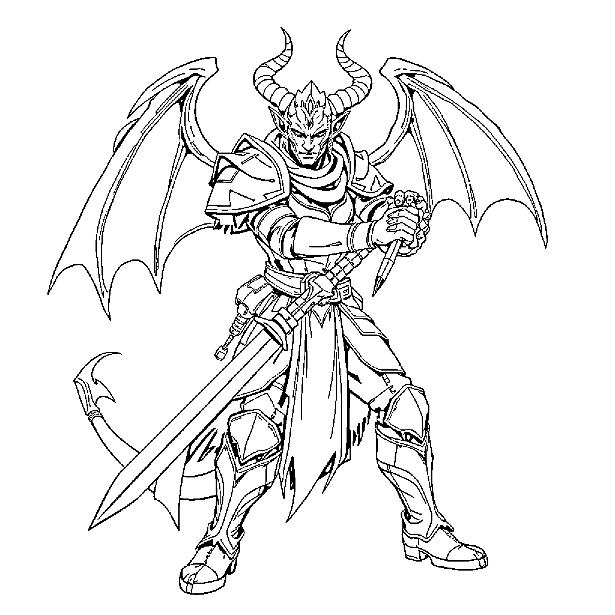 Demon Slayer Warrior with Demonic Wings and Weaponry Coloring Page (free black-and-white line drawing printable PDF for all, from beginners to advanced learners, including children, teens, adults, and seniors)