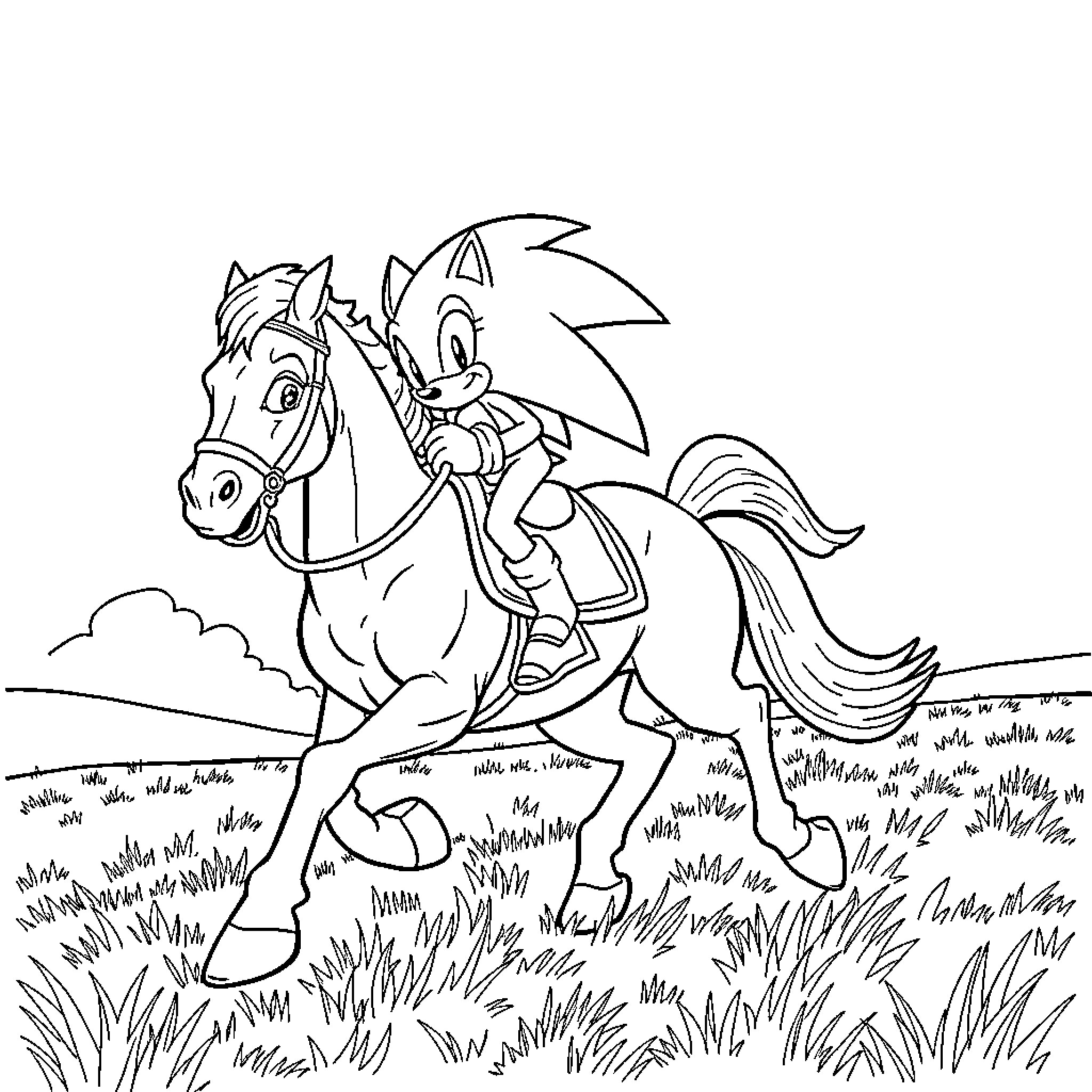Sonic riding a horse through a grassy field Coloring Page (free black-and-white line drawing printable PDF for all, from beginners to advanced learners, including children, teens, adults, and seniors)