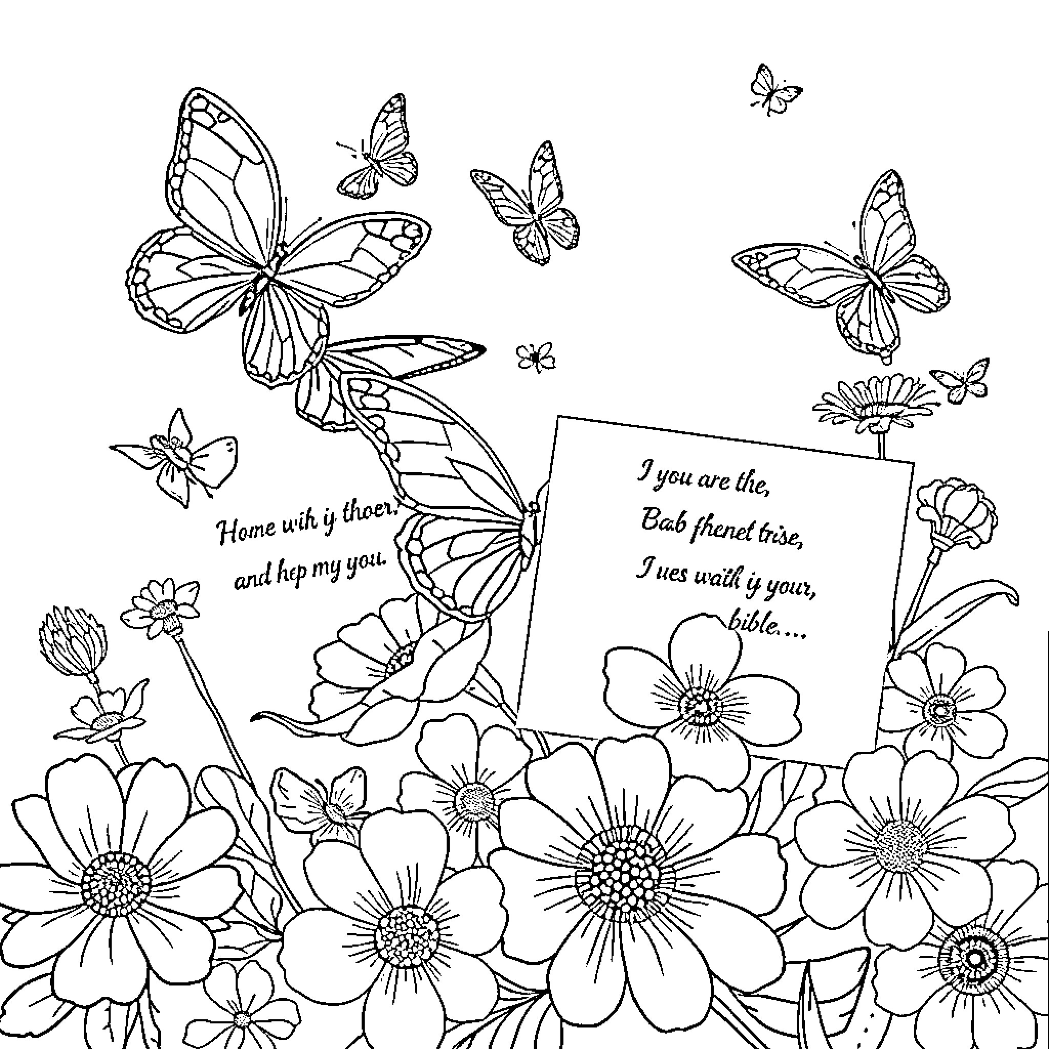 Butterflies dancing amidst a field of flowers Coloring Page (free black-and-white line drawing printable PDF for all, from beginners to advanced learners, including children, teens, adults, and seniors)