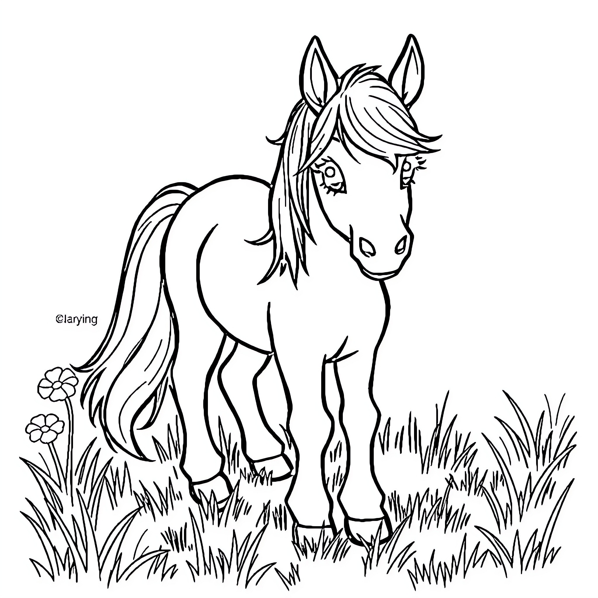 Pony standing in a grassy field Coloring Page (free black-and-white line drawing printable PDF for all, from beginners to advanced learners, including children, teens, adults, and seniors)
