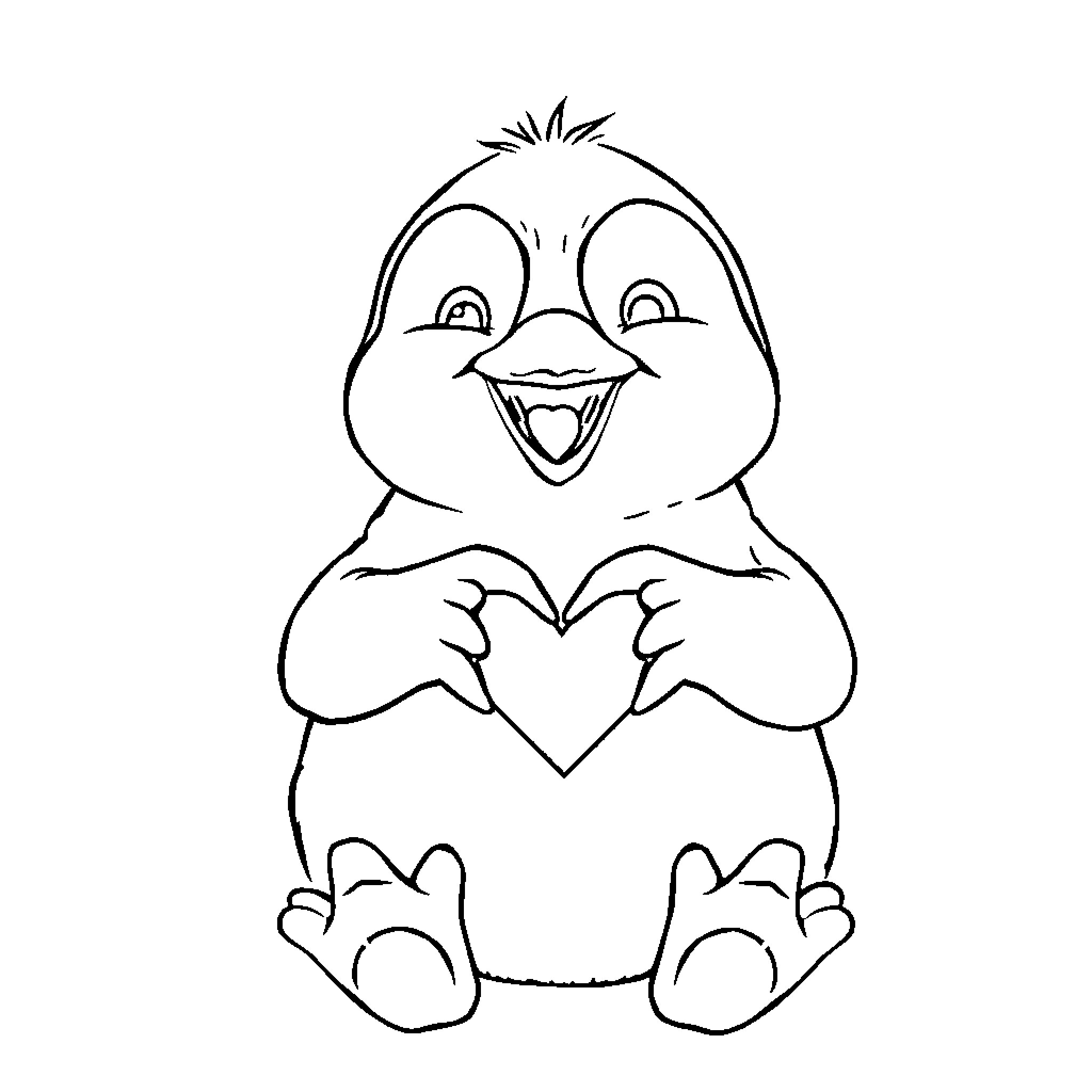 Penguin expressing joy with heart shape Coloring Page (free black-and-white line drawing printable PDF for all, from beginners to advanced learners, including children, teens, adults, and seniors)