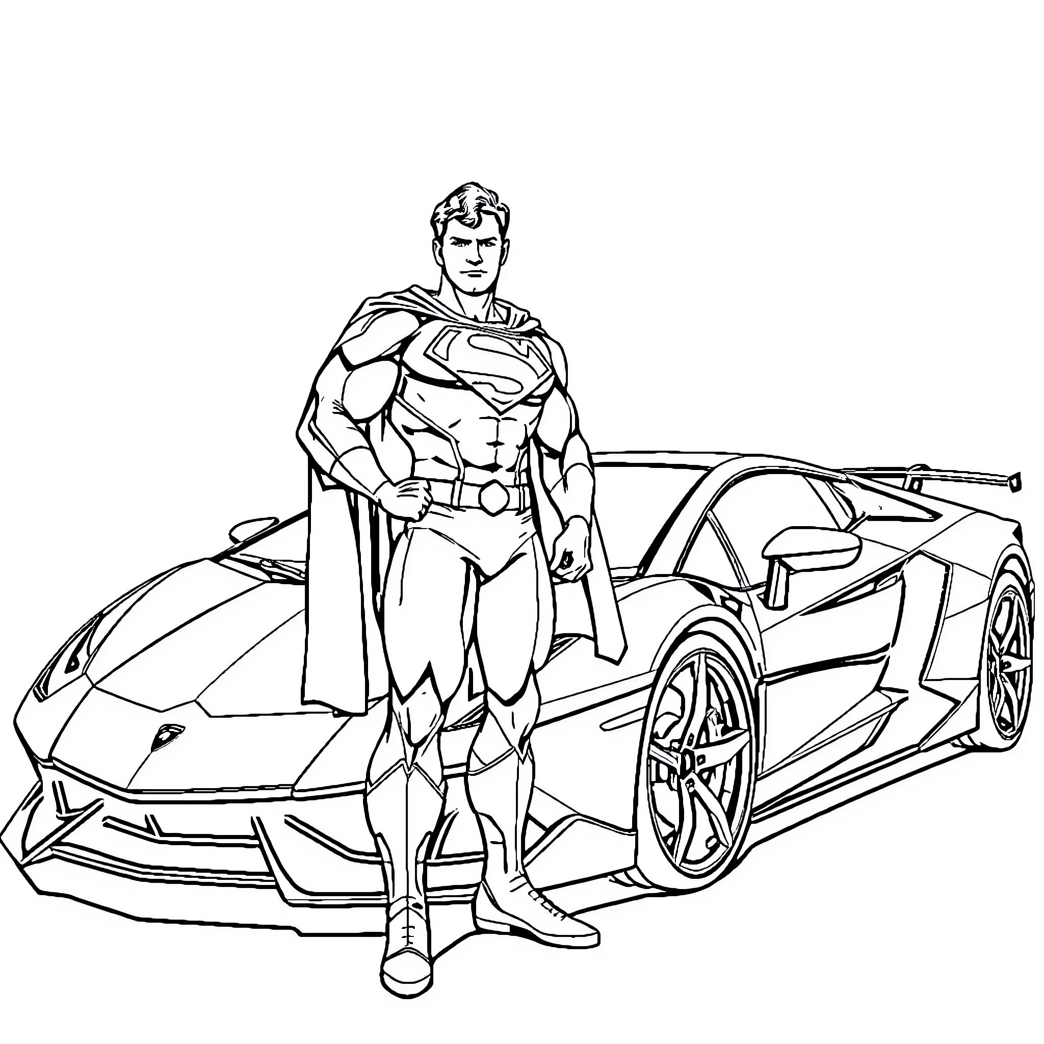 Superman stands heroically beside a sports car Coloring Page (free black-and-white line drawing printable PDF for all, from beginners to advanced learners, including children, teens, adults, and seniors)