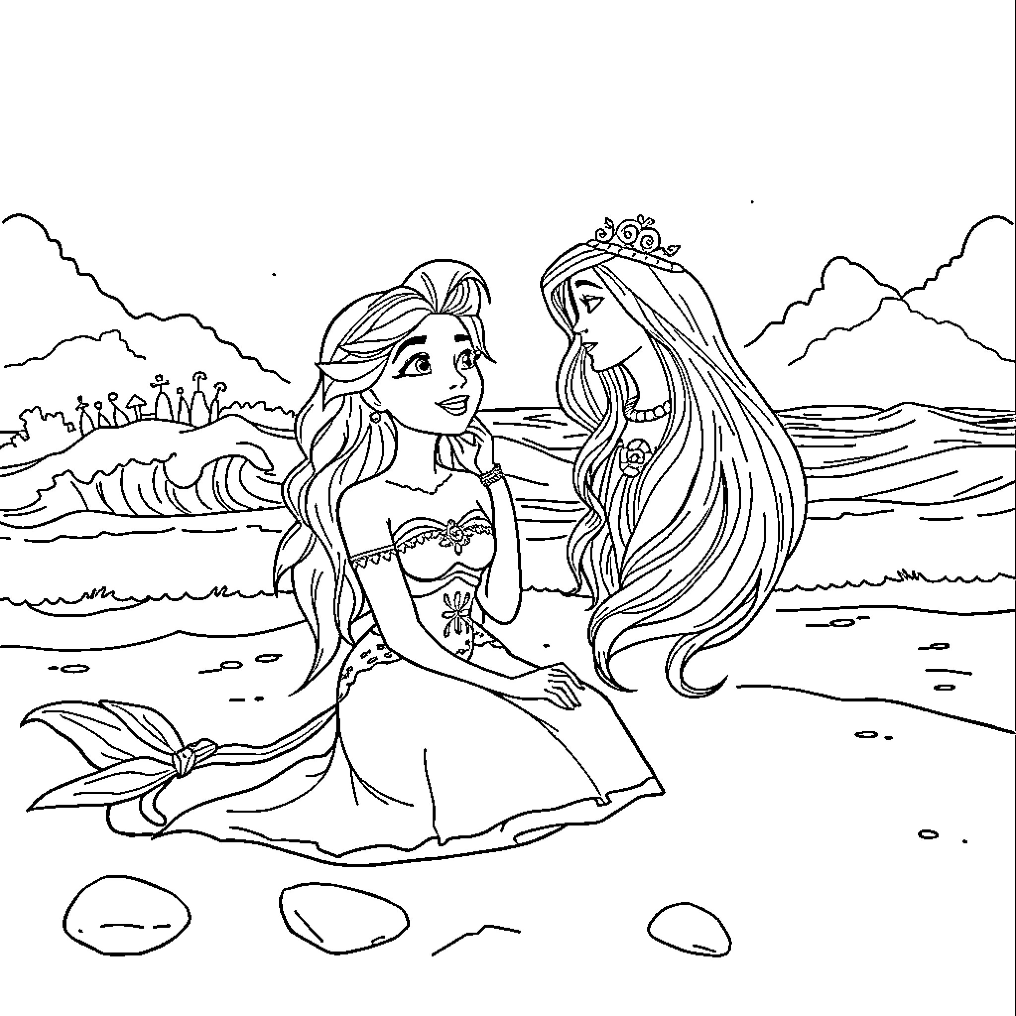 Blanca Nieves and the Enchanted Mermaid Princess Coloring Page (free black-and-white line drawing printable PDF for all, from beginners to advanced learners, including children, teens, adults, and seniors)