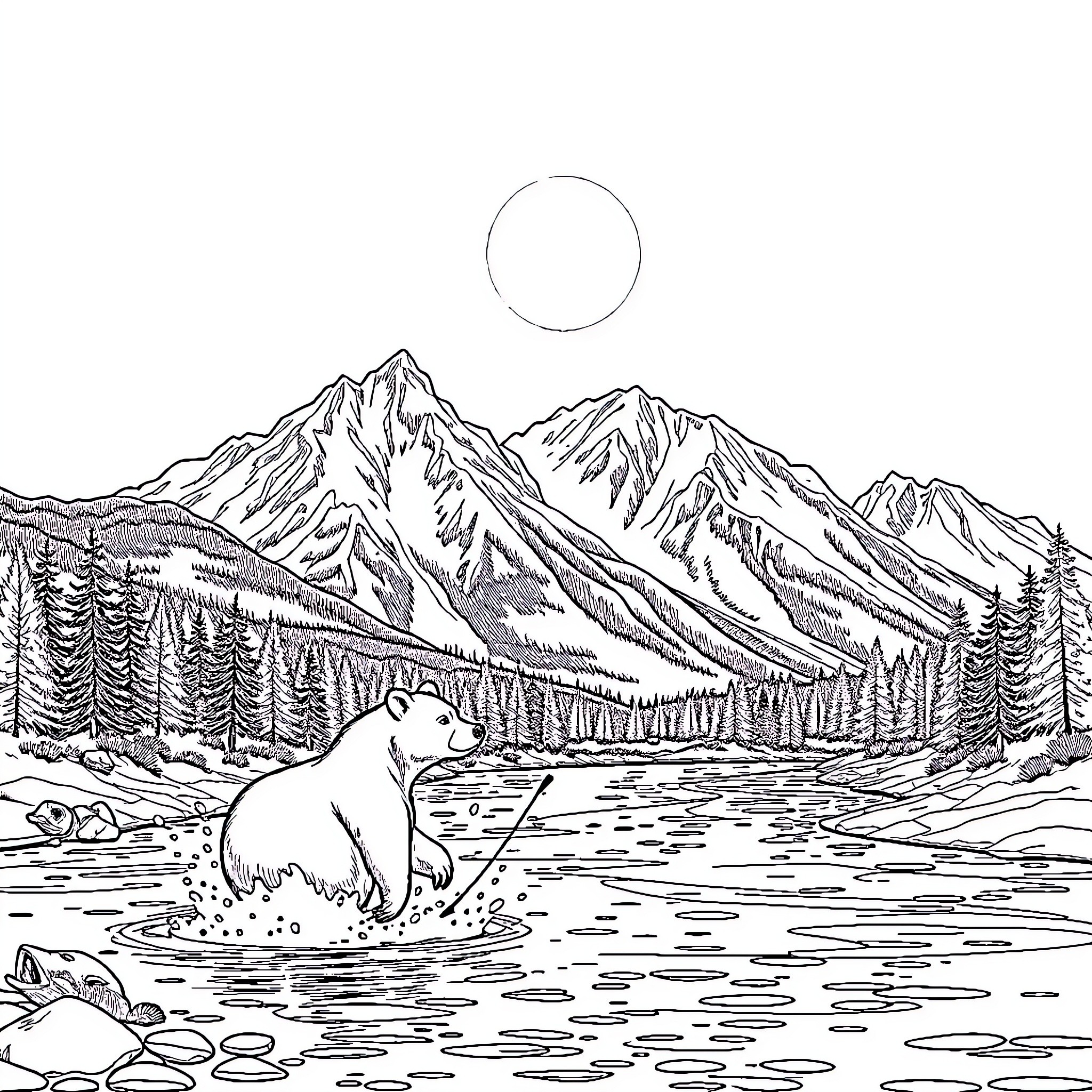 Bear enjoying a peaceful moment in the mountains Coloring Page (free black-and-white line drawing printable PDF for all, from beginners to advanced learners, including children, teens, adults, and seniors)