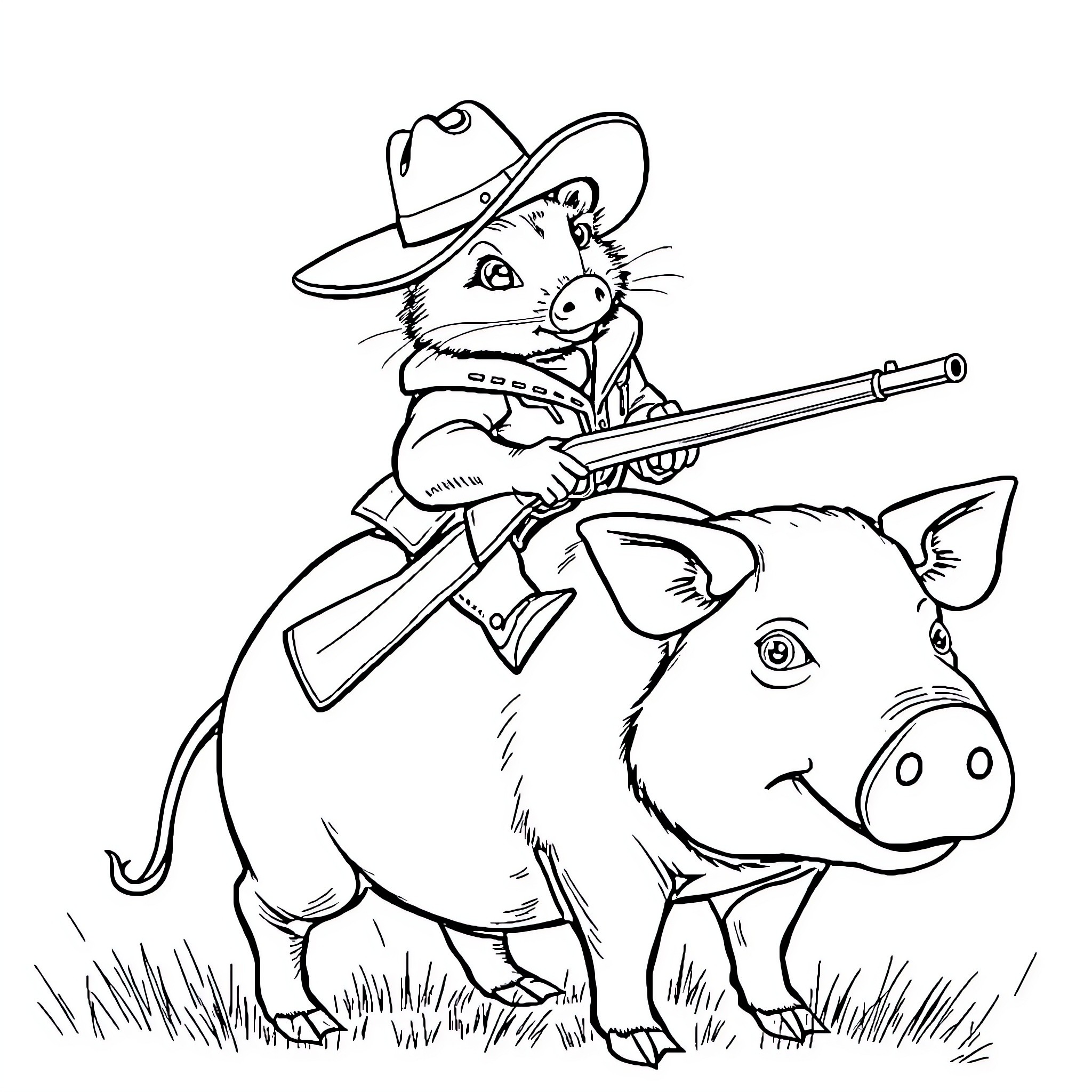Opossum cowboy riding on a pig with a rifle Coloring Page (free black-and-white line drawing printable PDF for all, from beginners to advanced learners, including children, teens, adults, and seniors)