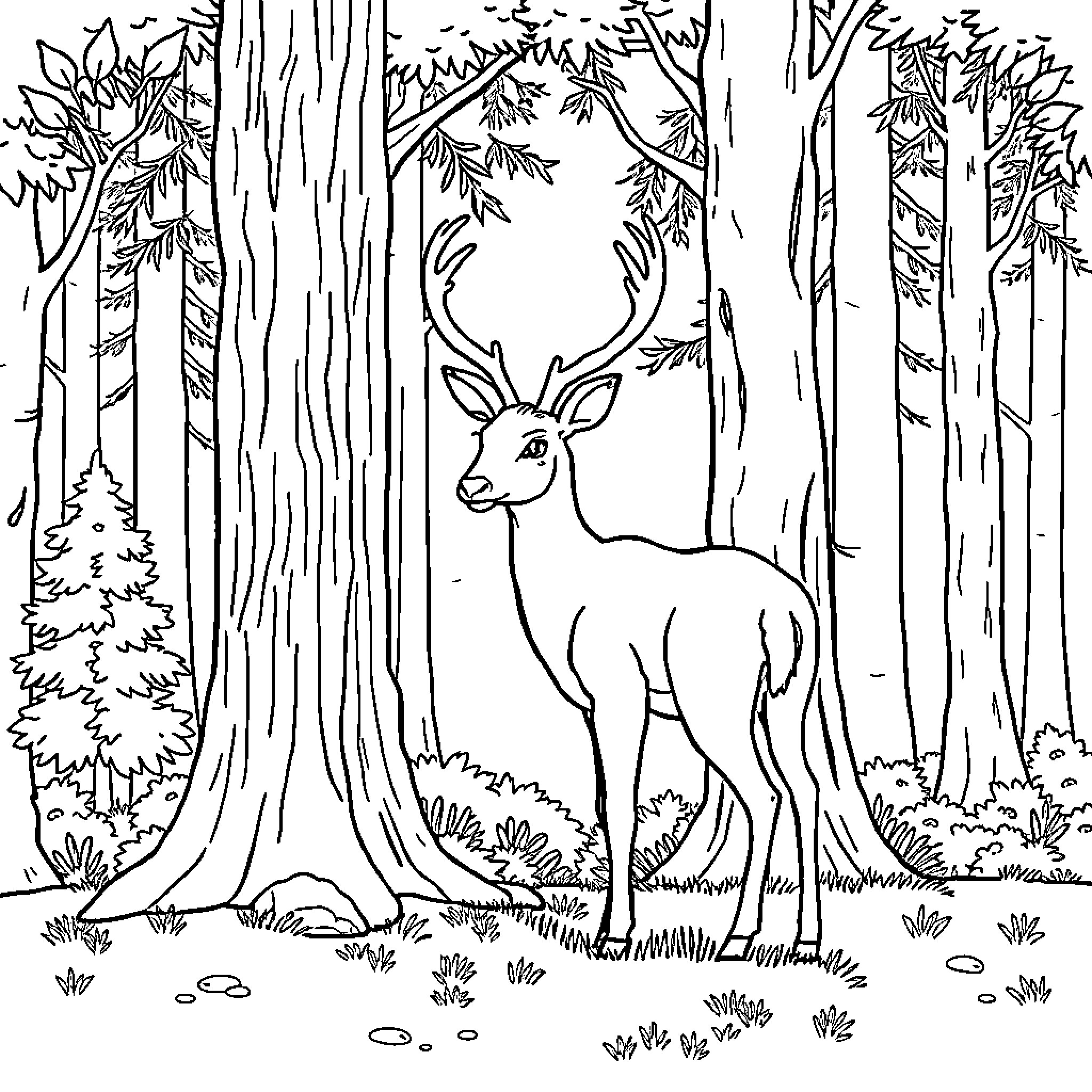 Deer standing in the forest Coloring Page (free black-and-white line drawing printable PDF for all, from beginners to advanced learners, including children, teens, adults, and seniors)