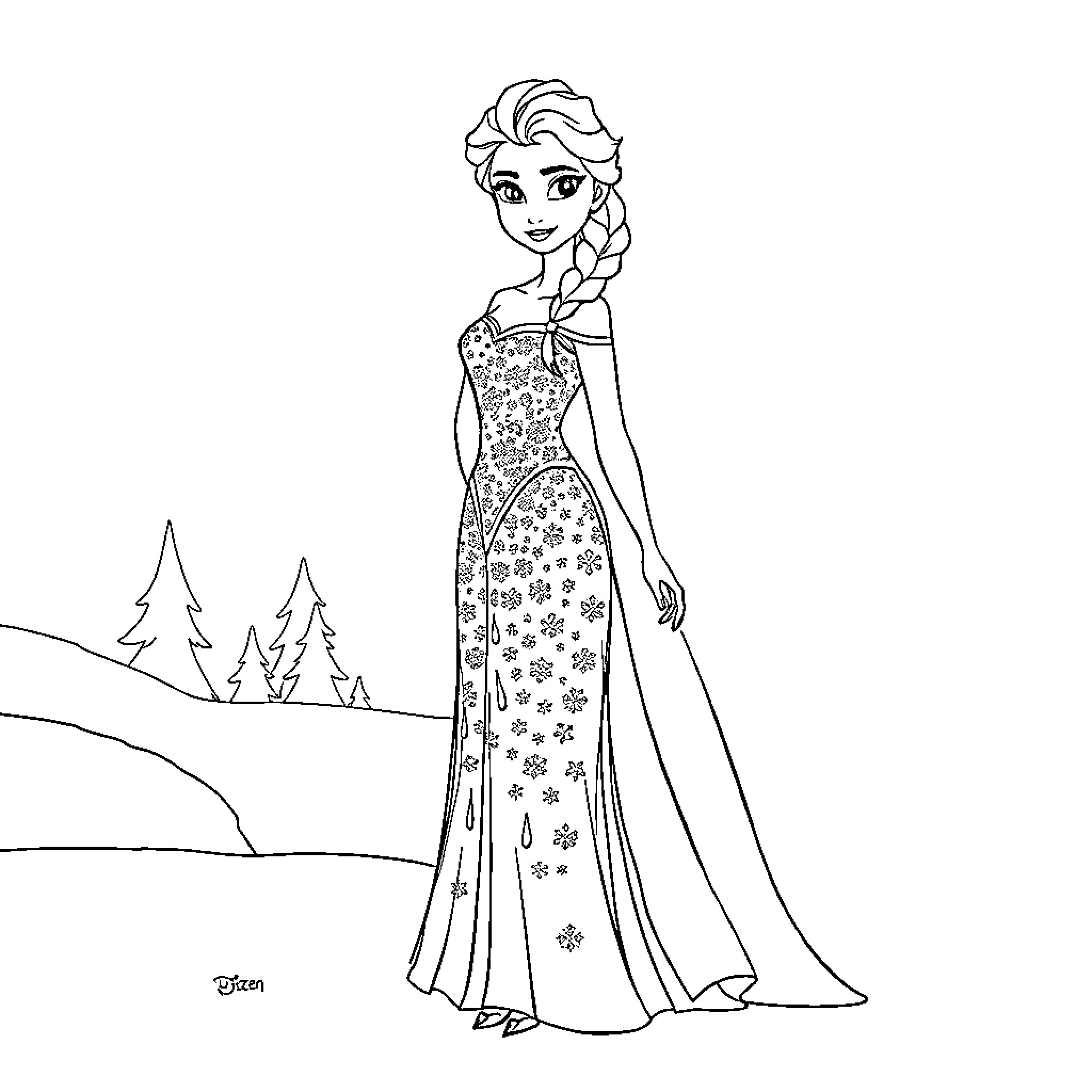Elsa's elegant winter attire and snowy surroundings Coloring Page (free black-and-white line drawing printable PDF for all, from beginners to advanced learners, including children, teens, adults, and seniors)