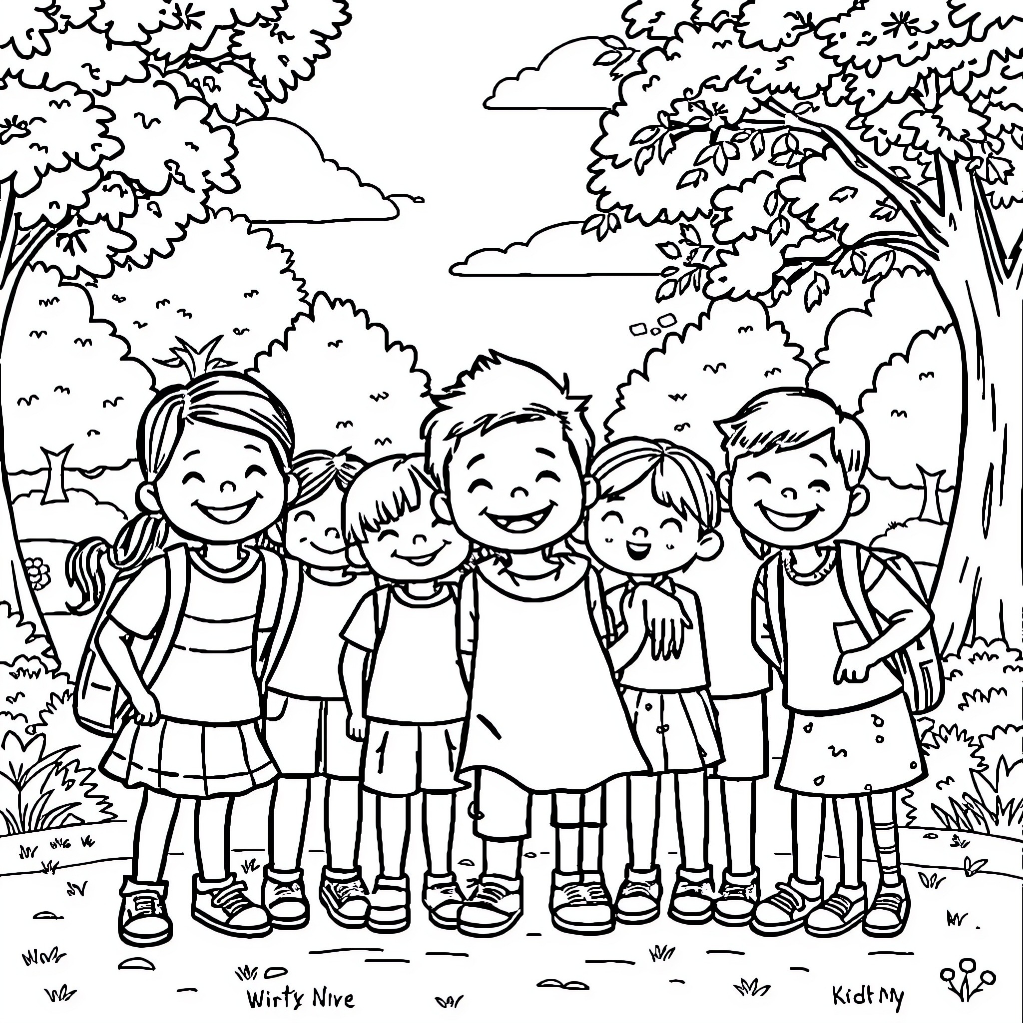 Kids enjoying a day in the outdoors Coloring Page (free black-and-white line drawing printable PDF for all, from beginners to advanced learners, including children, teens, adults, and seniors)