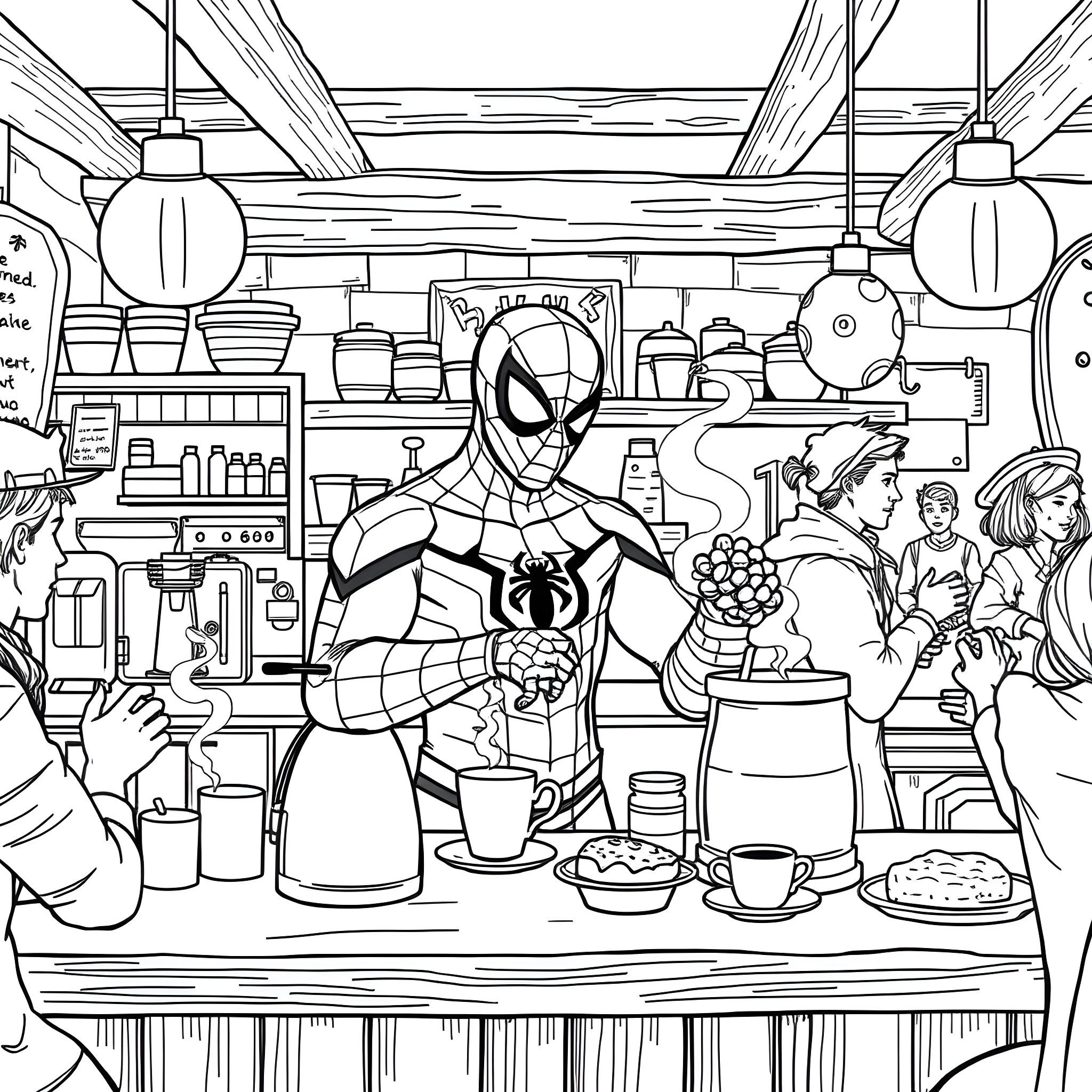Spiderman in a Cozy Cafe Coloring Page (free black-and-white line drawing printable PDF for all, from beginners to advanced learners, including children, teens, adults, and seniors)