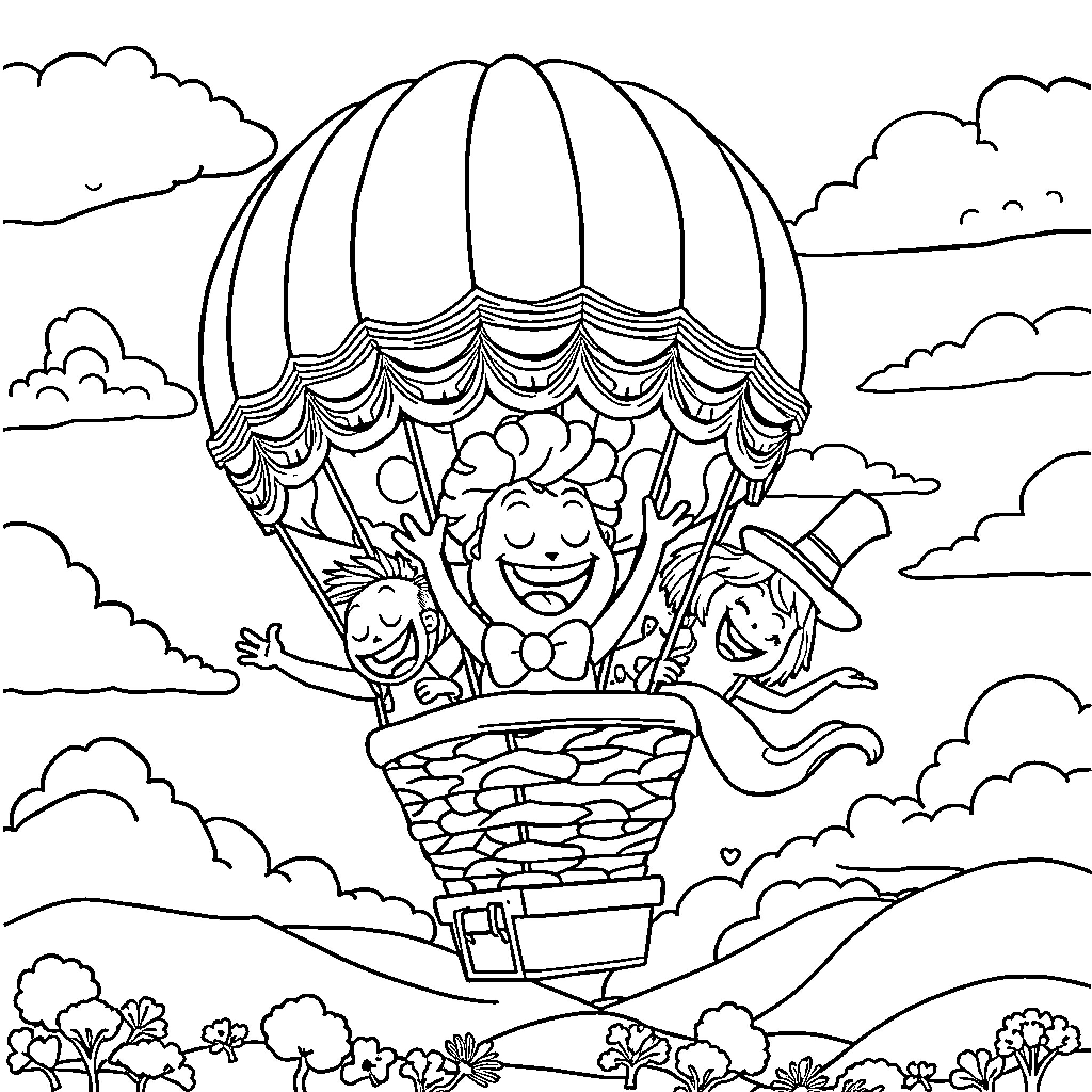 Hot Air Balloon with Cheerful People Coloring Page (free black-and-white line drawing printable PDF for all, from beginners to advanced learners, including children, teens, adults, and seniors)