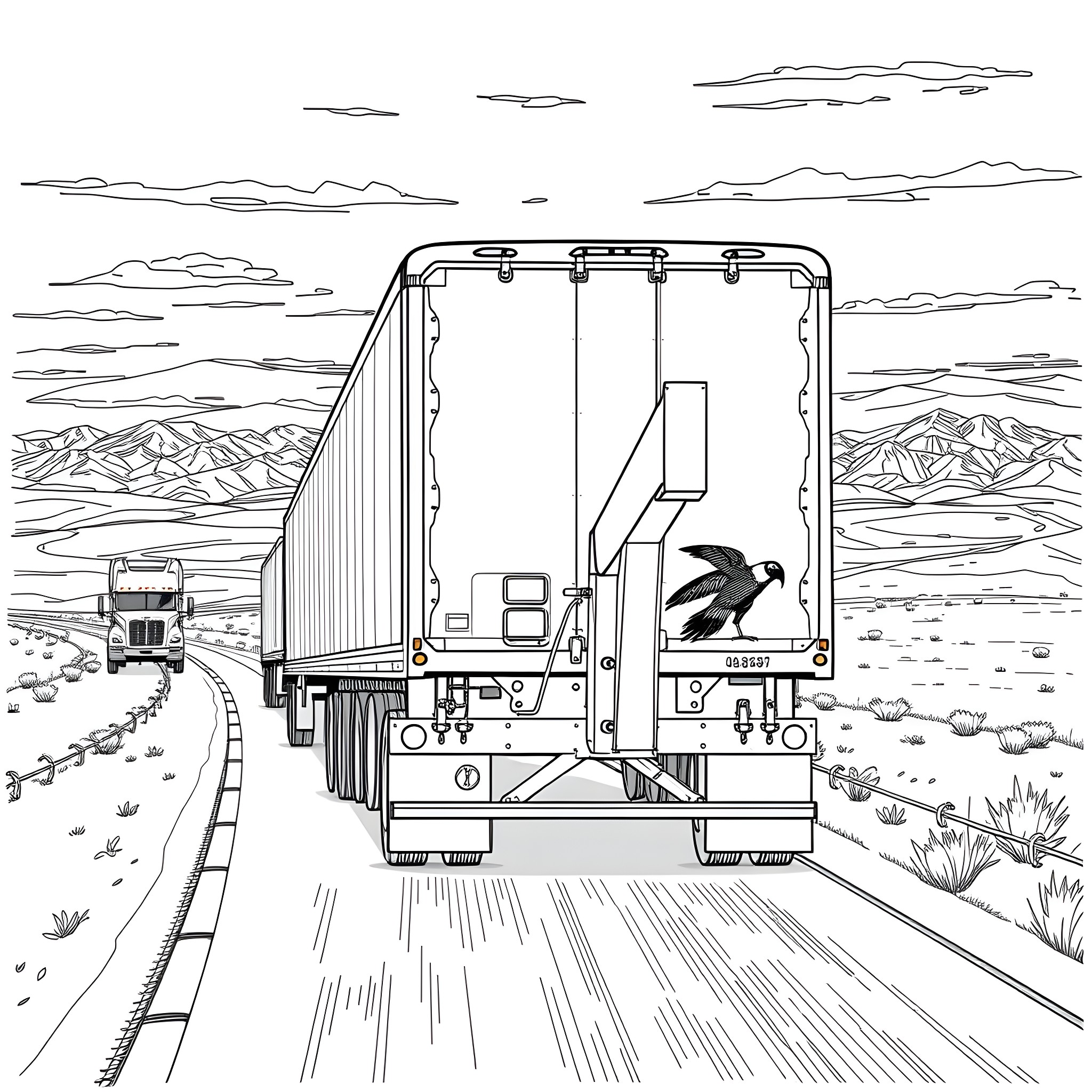 Gooseneck Trailer traversing the rugged terrain Coloring Page (free black-and-white line drawing printable PDF for all, from beginners to advanced learners, including children, teens, adults, and seniors)