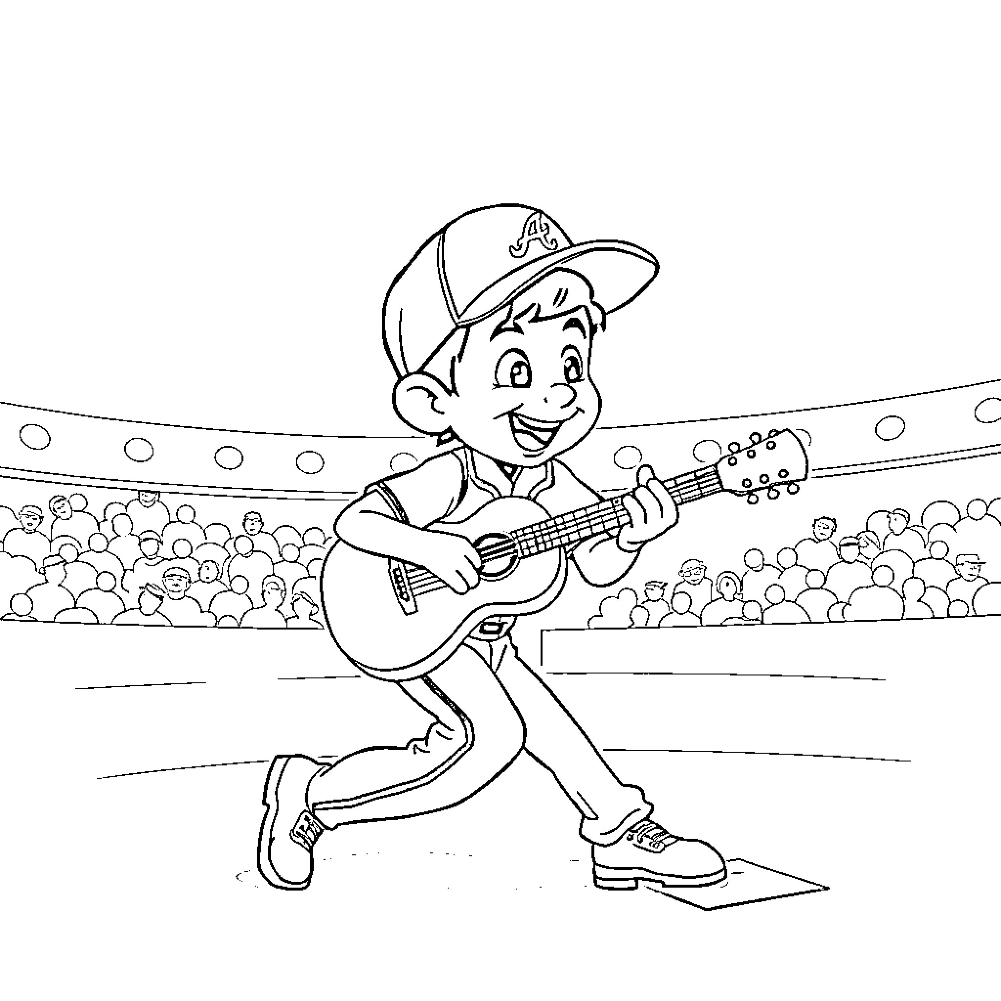 Miguel Performing on Stage with Guitar Coloring Page (free black-and-white line drawing printable PDF for all, from beginners to advanced learners, including children, teens, adults, and seniors)