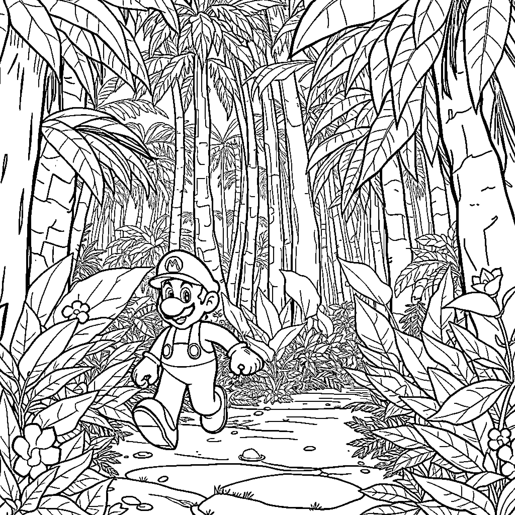Mario Exploring the Lush Jungle Landscape Coloring Page (free black-and-white line drawing printable PDF for all, from beginners to advanced learners, including children, teens, adults, and seniors)