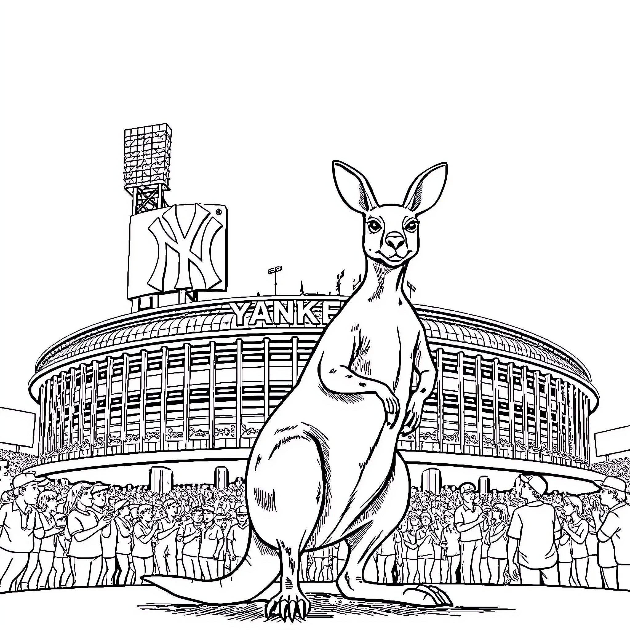 Kangaroo cheers at a baseball stadium Coloring Page (free black-and-white line drawing printable PDF for all, from beginners to advanced learners, including children, teens, adults, and seniors)