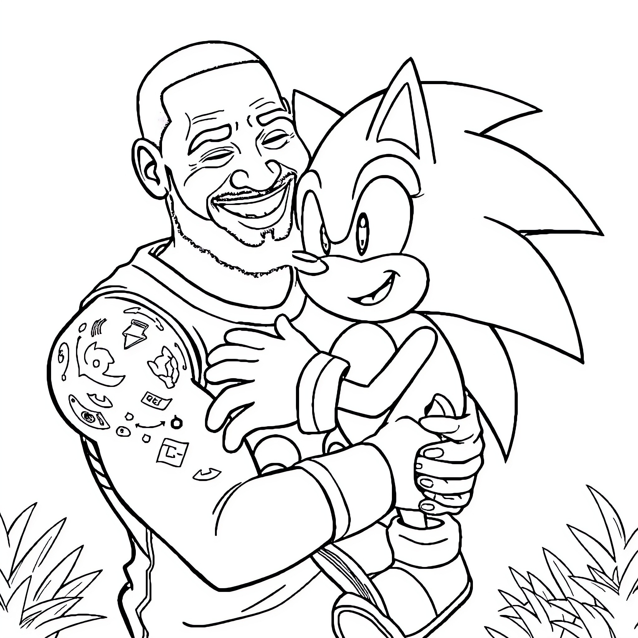 LeBron James having fun with Sonic the Hedgehog Coloring Page (free black-and-white line drawing printable PDF for all, from beginners to advanced learners, including children, teens, adults, and seniors)