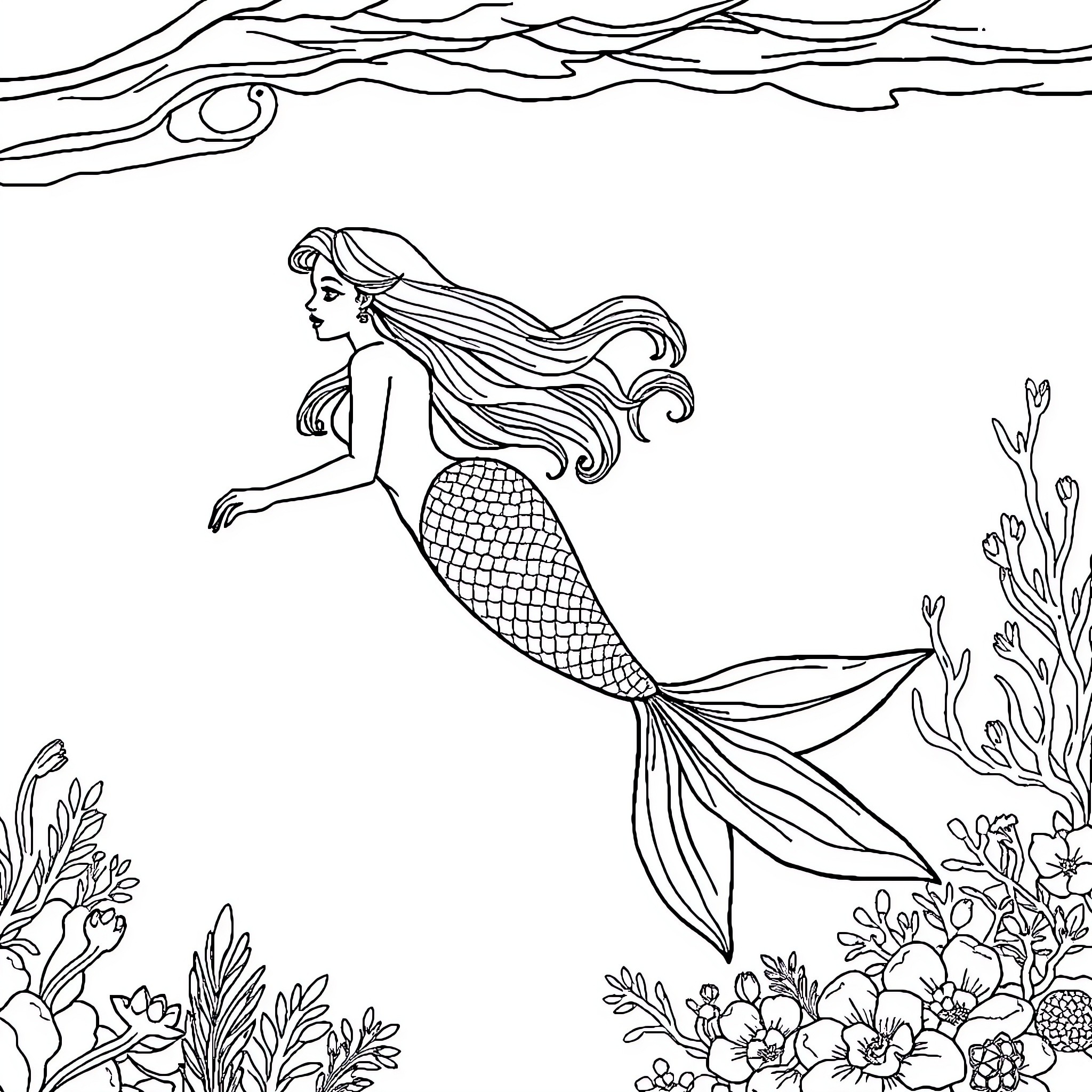 Mermaid swimming gracefully through the underwater garden Coloring Page (free black-and-white line drawing printable PDF for all, from beginners to advanced learners, including children, teens, adults, and seniors)