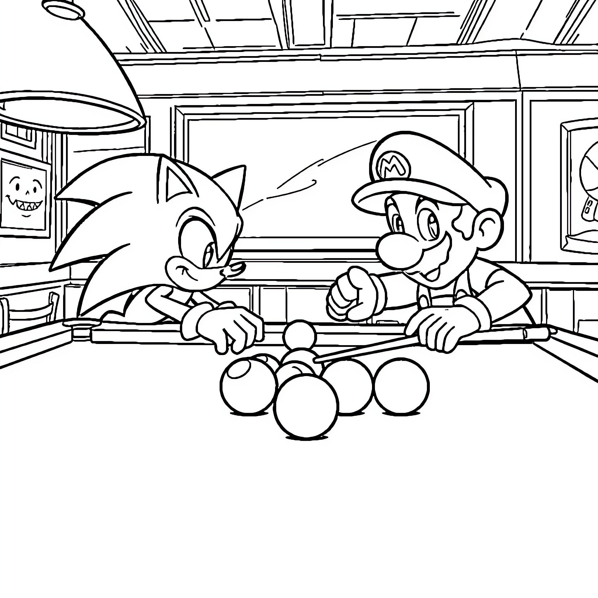 Sonic and Mario Playing Pool Together Coloring Page (free black-and-white line drawing printable PDF for all, from beginners to advanced learners, including children, teens, adults, and seniors)