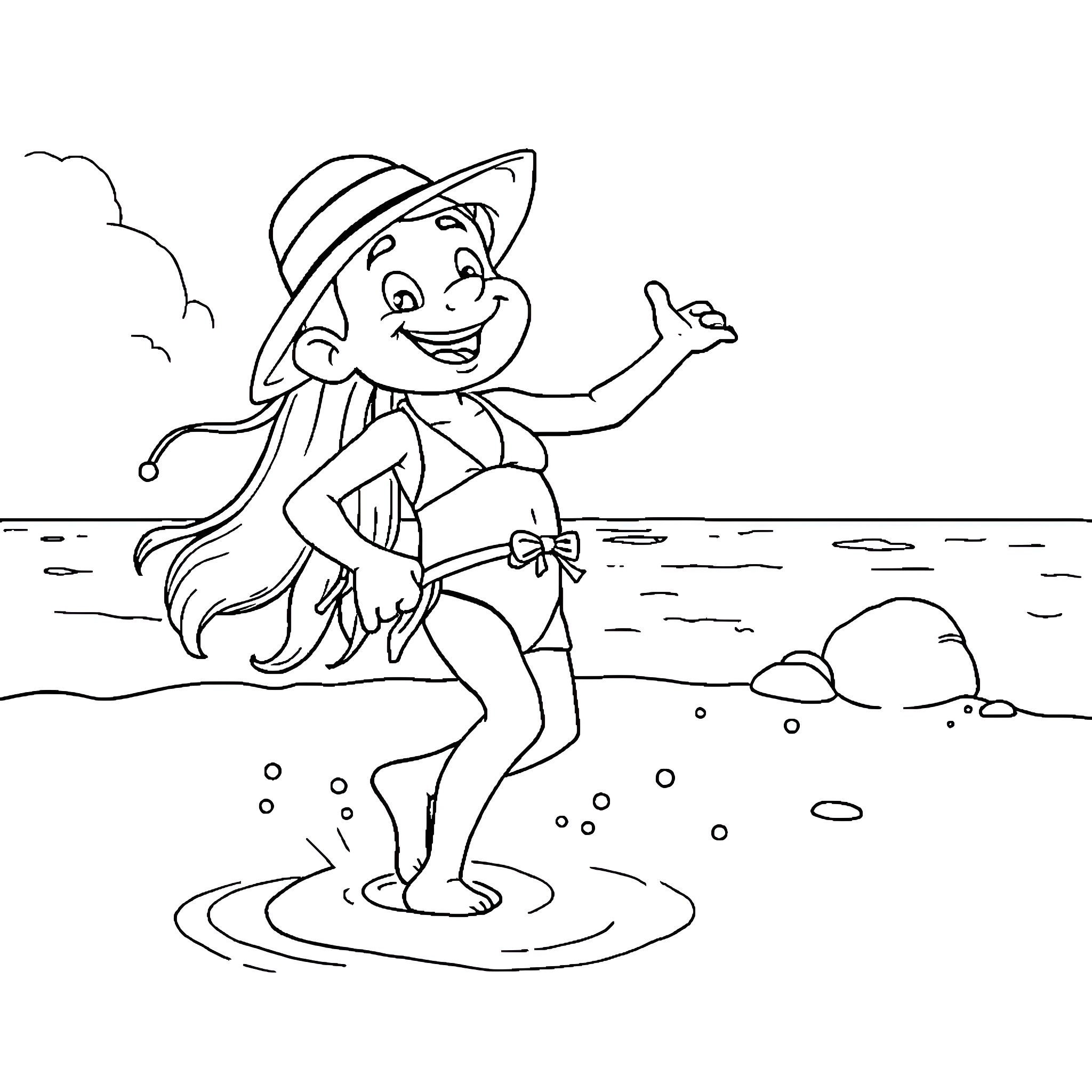 Bluey enjoying a day at the beach Coloring Page (free black-and-white line drawing printable PDF for all, from beginners to advanced learners, including children, teens, adults, and seniors)