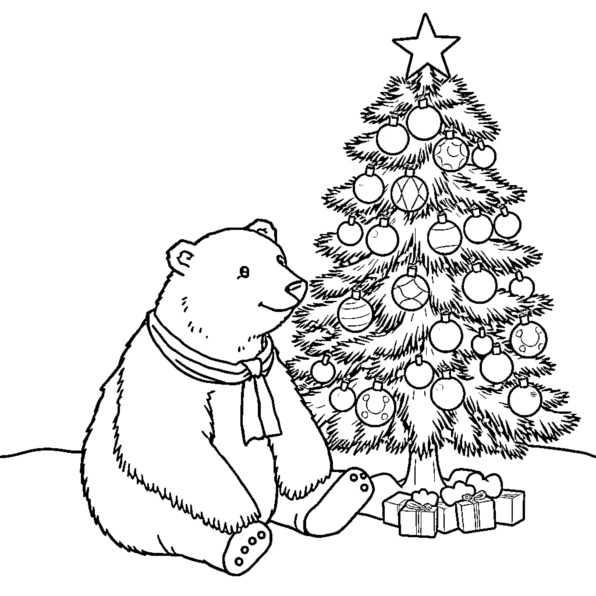 Polar Bear Admiring the Christmas Tree Coloring Page (free black-and-white line drawing printable PDF for all, from beginners to advanced learners, including children, teens, adults, and seniors)