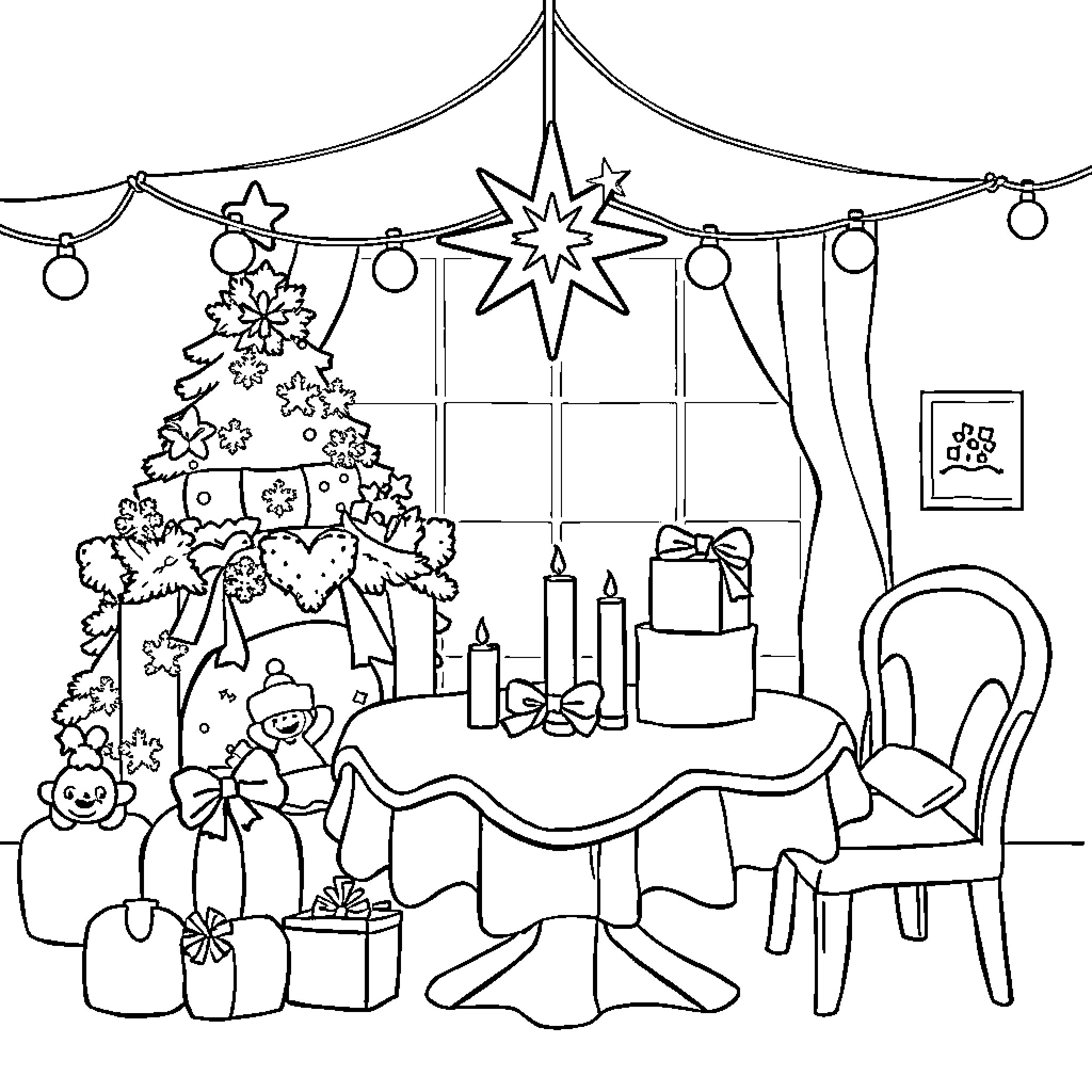 Christmas scene with festive decor and gifts Coloring Page (free black-and-white line drawing printable PDF for all, from beginners to advanced learners, including children, teens, adults, and seniors)