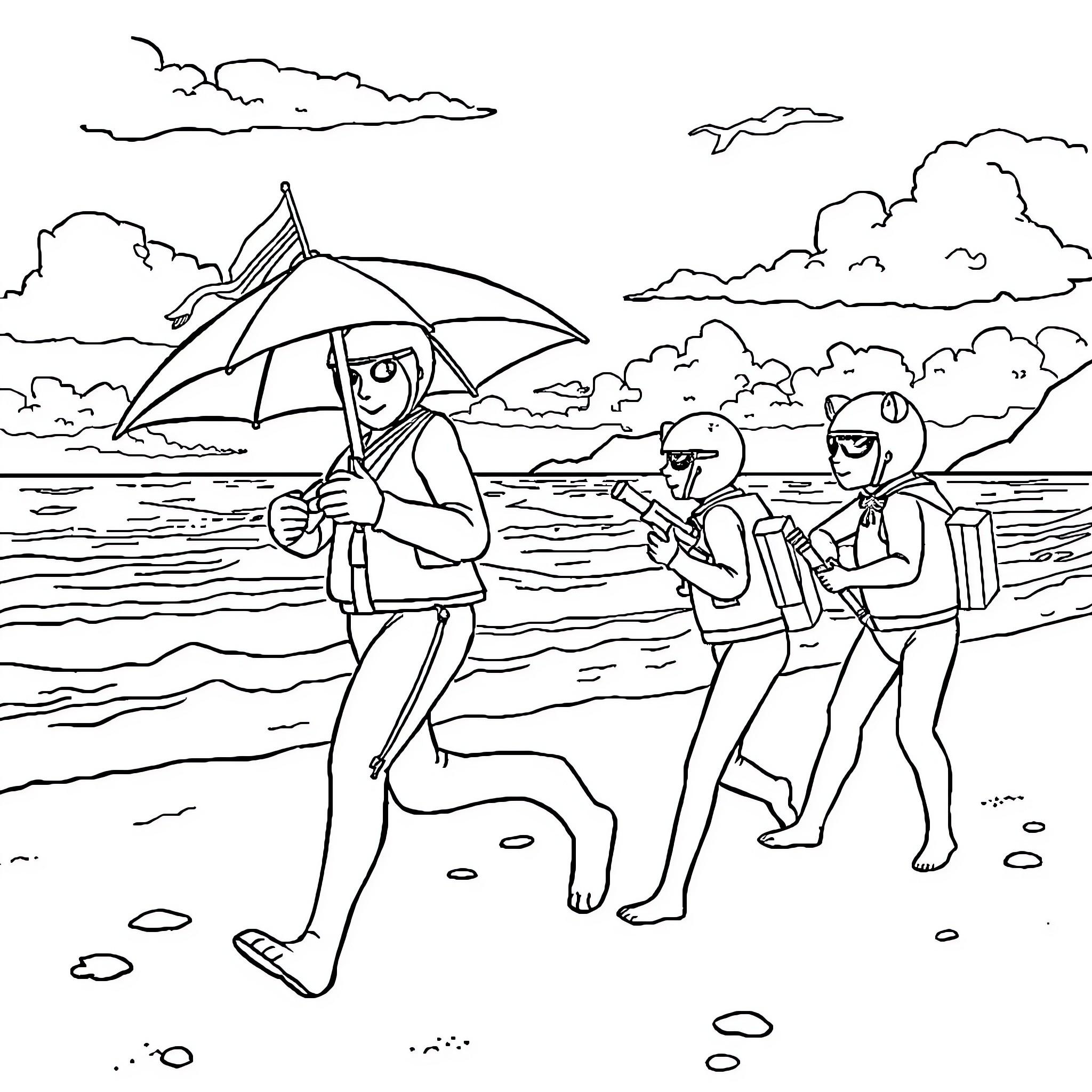 Pat Patrol: Friends Enjoying a Rainy Beach Day Coloring Page (free black-and-white line drawing printable PDF for all, from beginners to advanced learners, including children, teens, adults, and seniors)