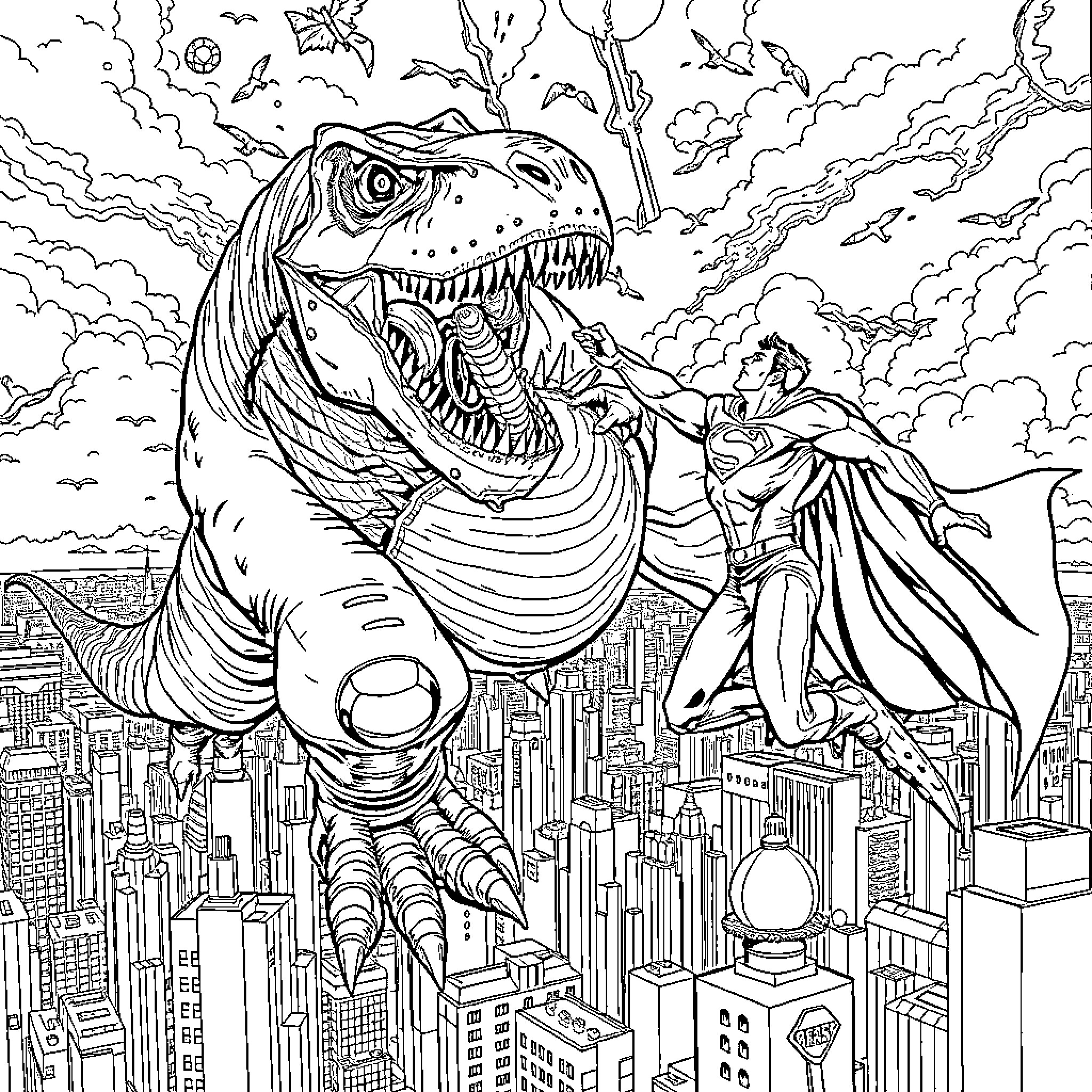 Mecha T-rex defending the city from a menacing figure Coloring Page (free black-and-white line drawing printable PDF for all, from beginners to advanced learners, including children, teens, adults, and seniors)