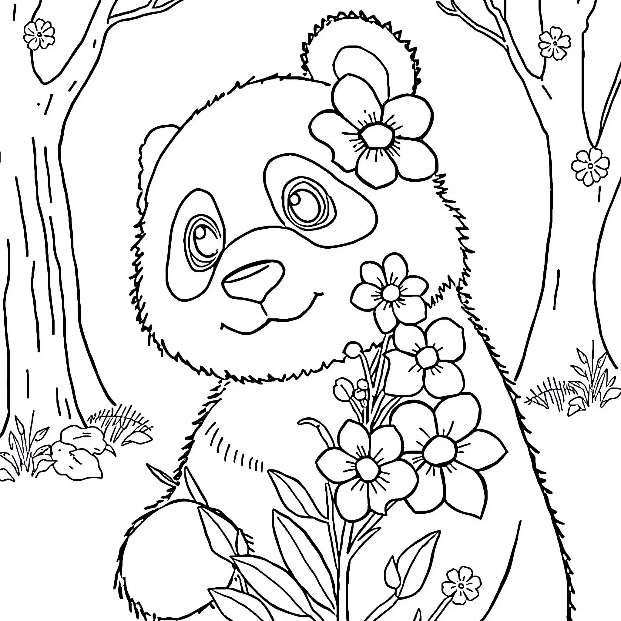 Panda surrounded by colorful flowers in nature Coloring Page (free black-and-white line drawing printable PDF for all, from beginners to advanced learners, including children, teens, adults, and seniors)