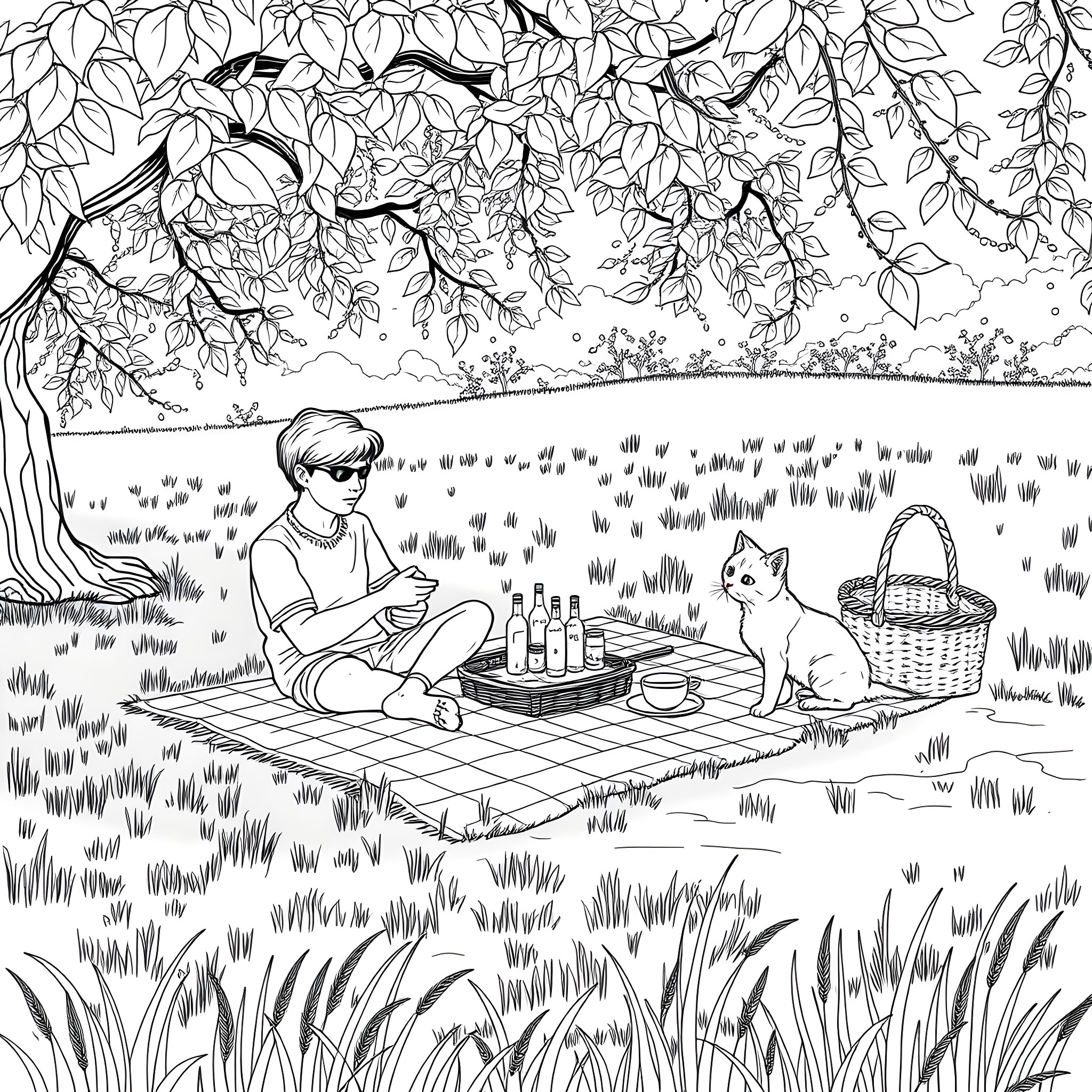 Leon Kennedy enjoying a picnic in a serene natural setting Coloring Page (free black-and-white line drawing printable PDF for all, from beginners to advanced learners, including children, teens, adults, and seniors)