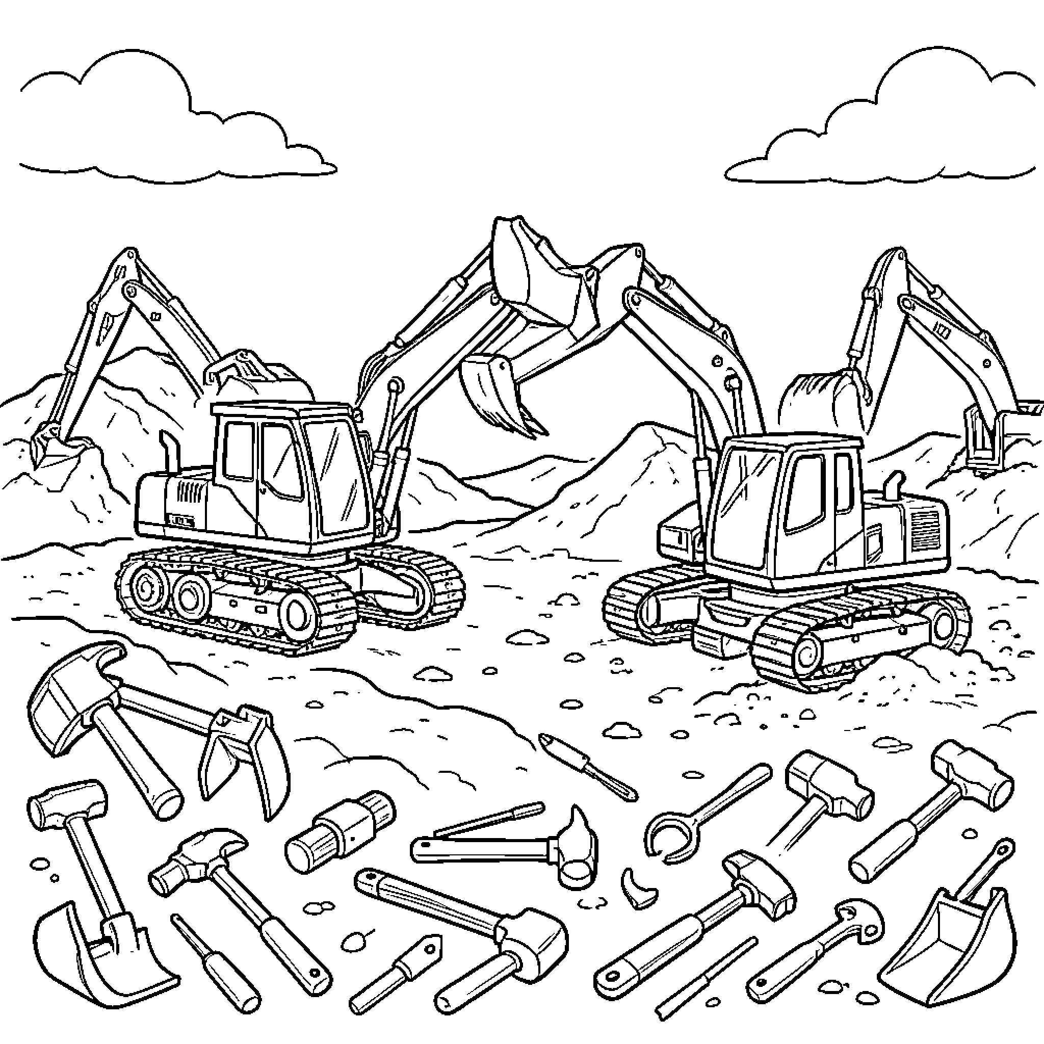 Excavator machines working at a construction site Coloring Page (free black-and-white line drawing printable PDF for all, from beginners to advanced learners, including children, teens, adults, and seniors)