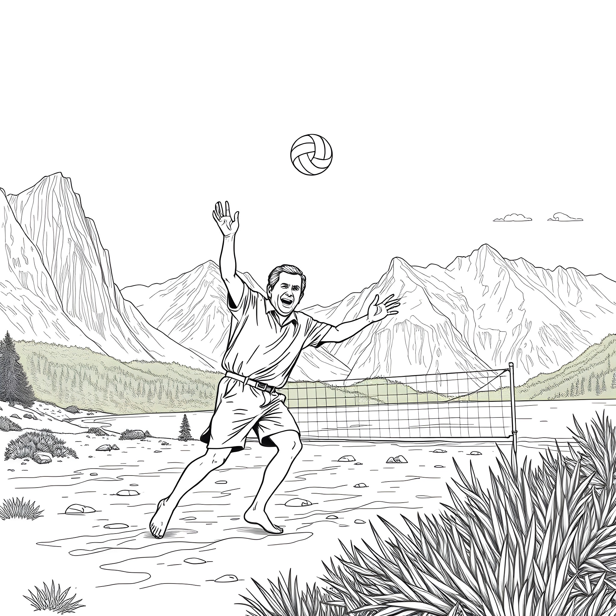 George W. Bush playing volleyball outdoors in nature Coloring Page (free black-and-white line drawing printable PDF for all, from beginners to advanced learners, including children, teens, adults, and seniors)