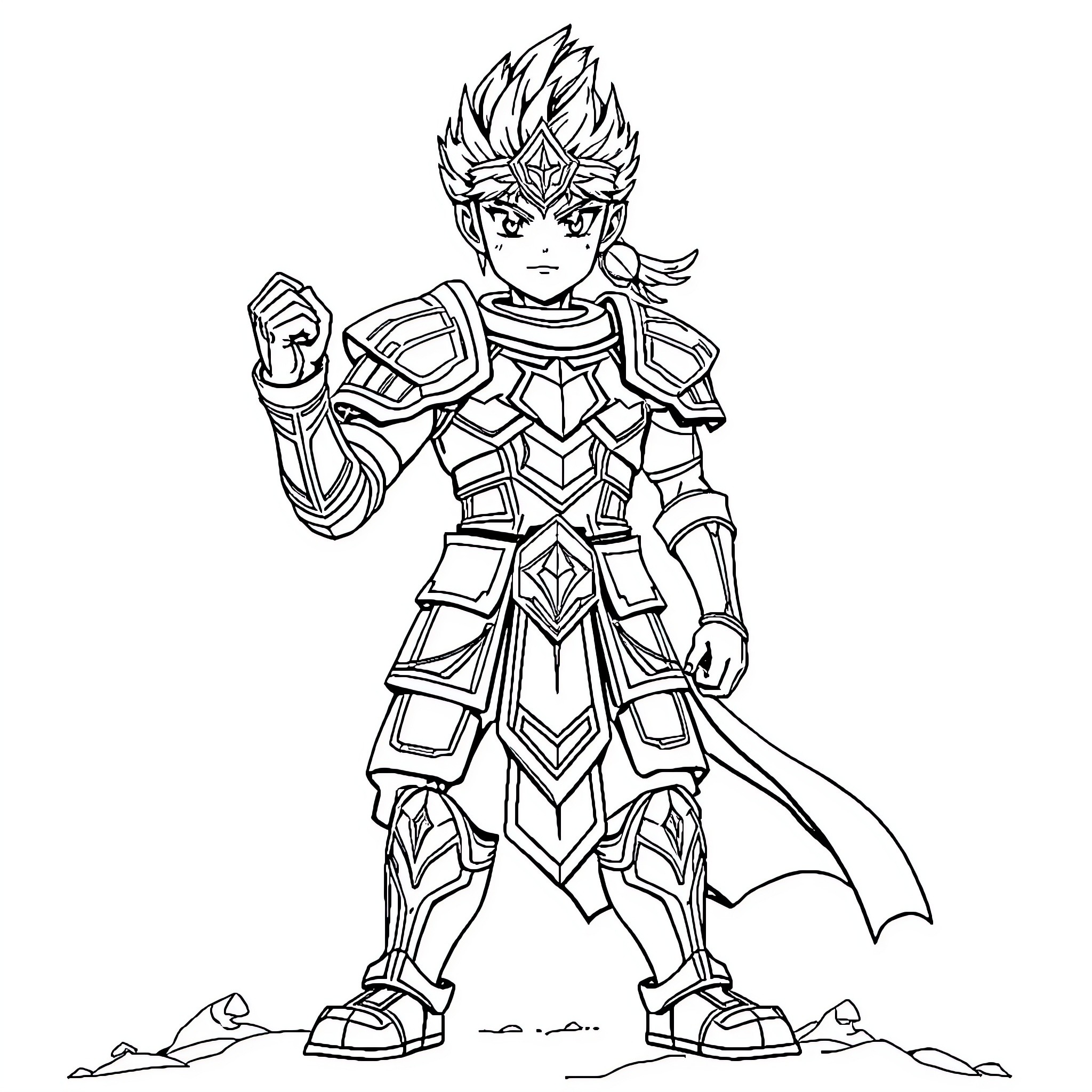 Seiya, the Heroic Warrior in Armored Attire Coloring Page (free black-and-white line drawing printable PDF for all, from beginners to advanced learners, including children, teens, adults, and seniors)