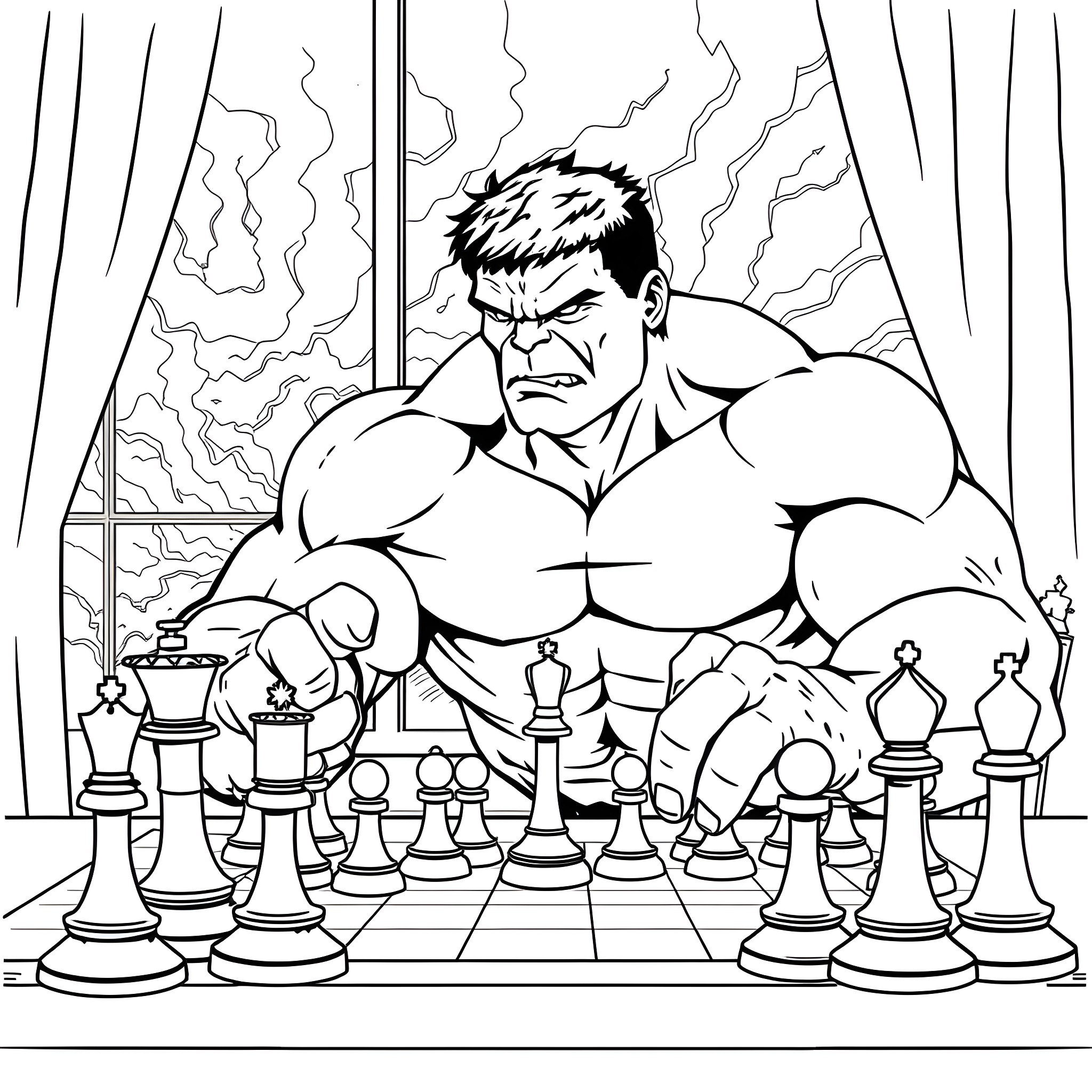 Hulk's Intense Chess Game Coloring Page (free black-and-white line drawing printable PDF for all, from beginners to advanced learners, including children, teens, adults, and seniors)