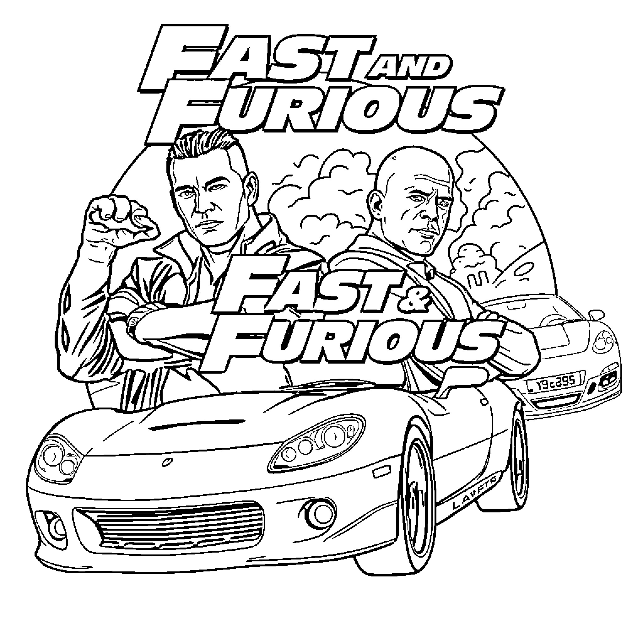 Fast and Furious Action-Packed Automotive Adventure Coloring Page (free black-and-white line drawing printable PDF for all, from beginners to advanced learners, including children, teens, adults, and seniors)
