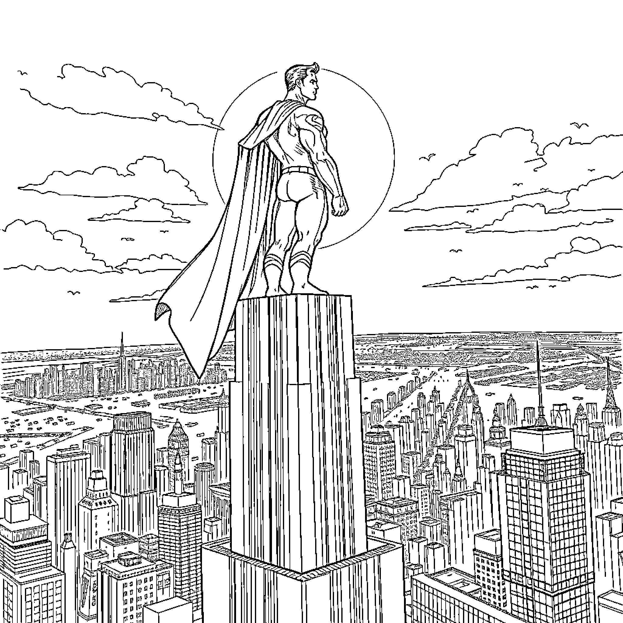 Superman Stands Tall Over City Skyline Coloring Page (free black-and-white line drawing printable PDF for all, from beginners to advanced learners, including children, teens, adults, and seniors)