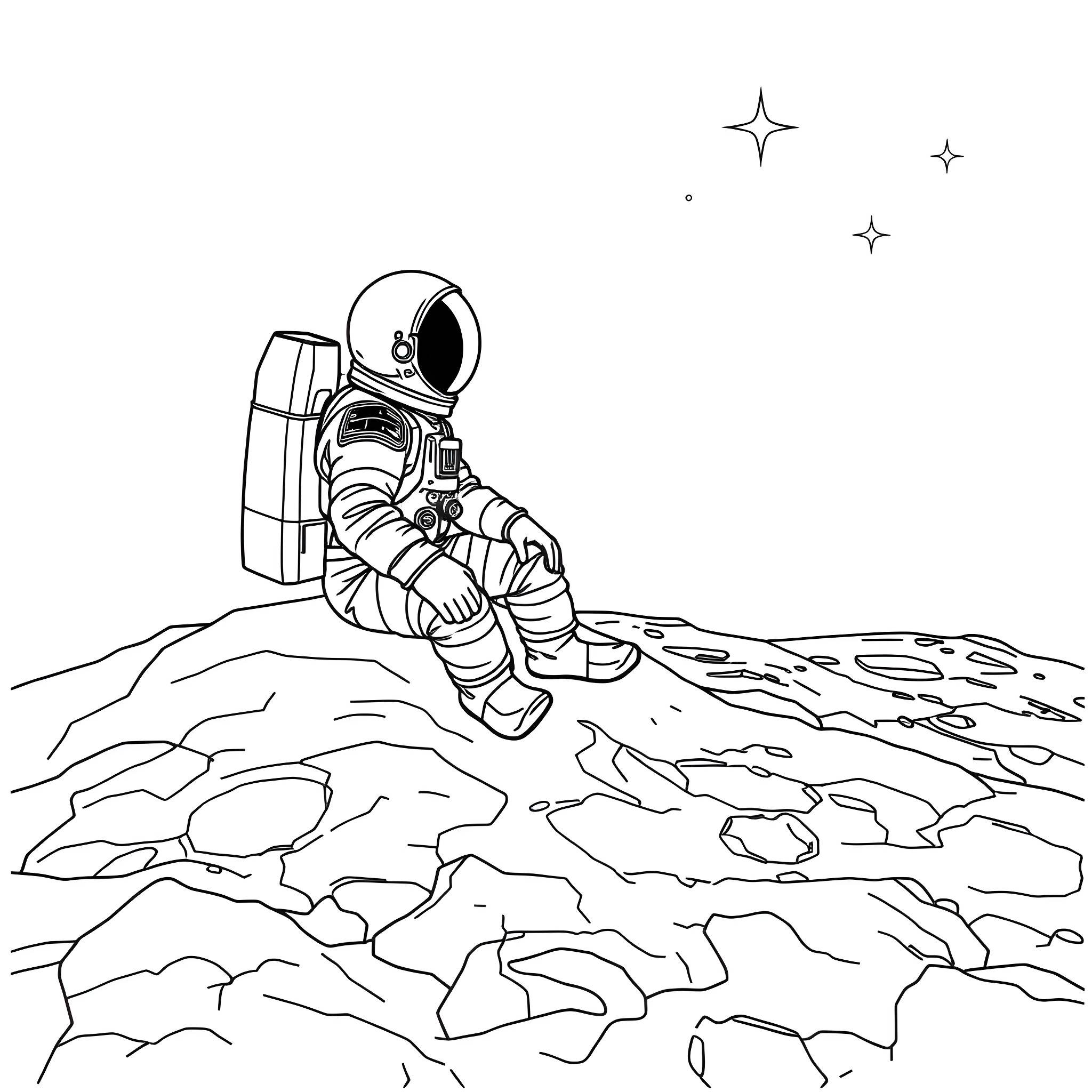 Astronaut exploring the lunar surface Coloring Page (free black-and-white line drawing printable PDF for all, from beginners to advanced learners, including children, teens, adults, and seniors)