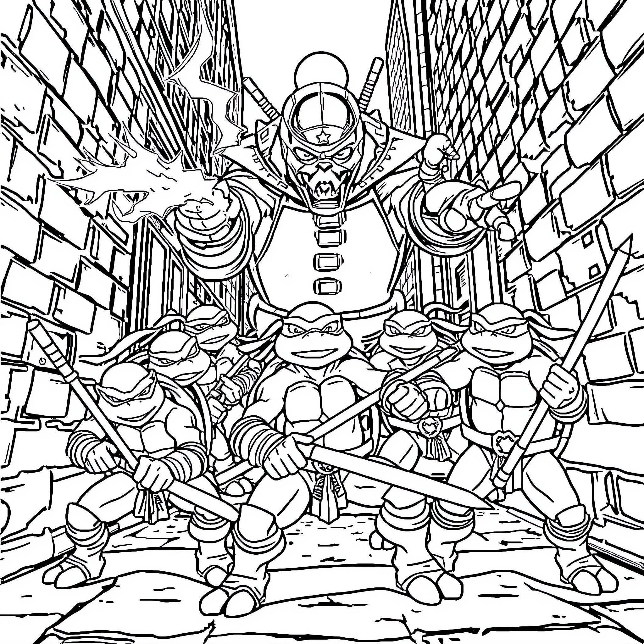Teenage Mutant Ninja Turtles in Action-Packed Battle Coloring Page (free black-and-white line drawing printable PDF for all, from beginners to advanced learners, including children, teens, adults, and seniors)