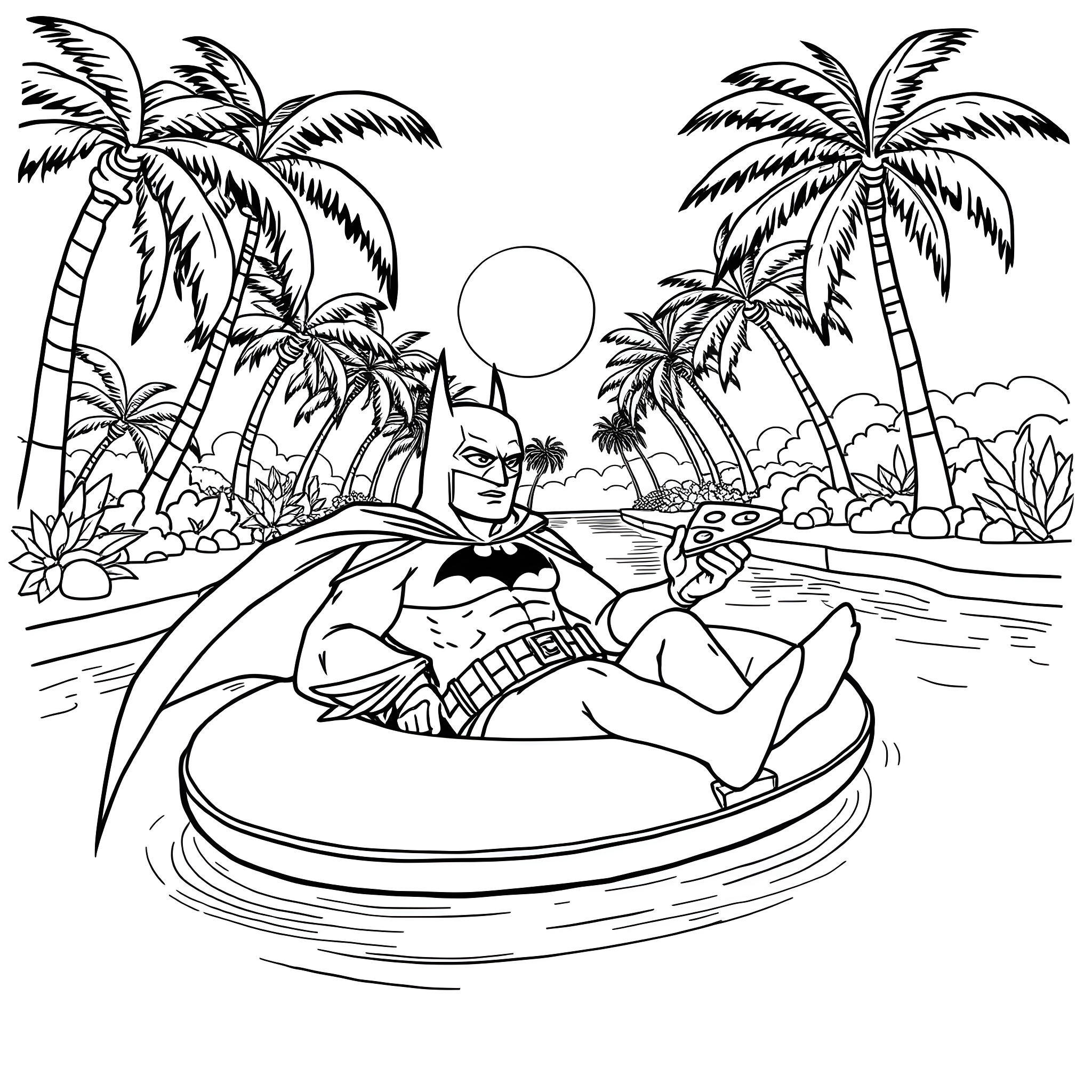 Batman relaxing on the beach with palm trees Coloring Page (free black-and-white line drawing printable PDF for all, from beginners to advanced learners, including children, teens, adults, and seniors)