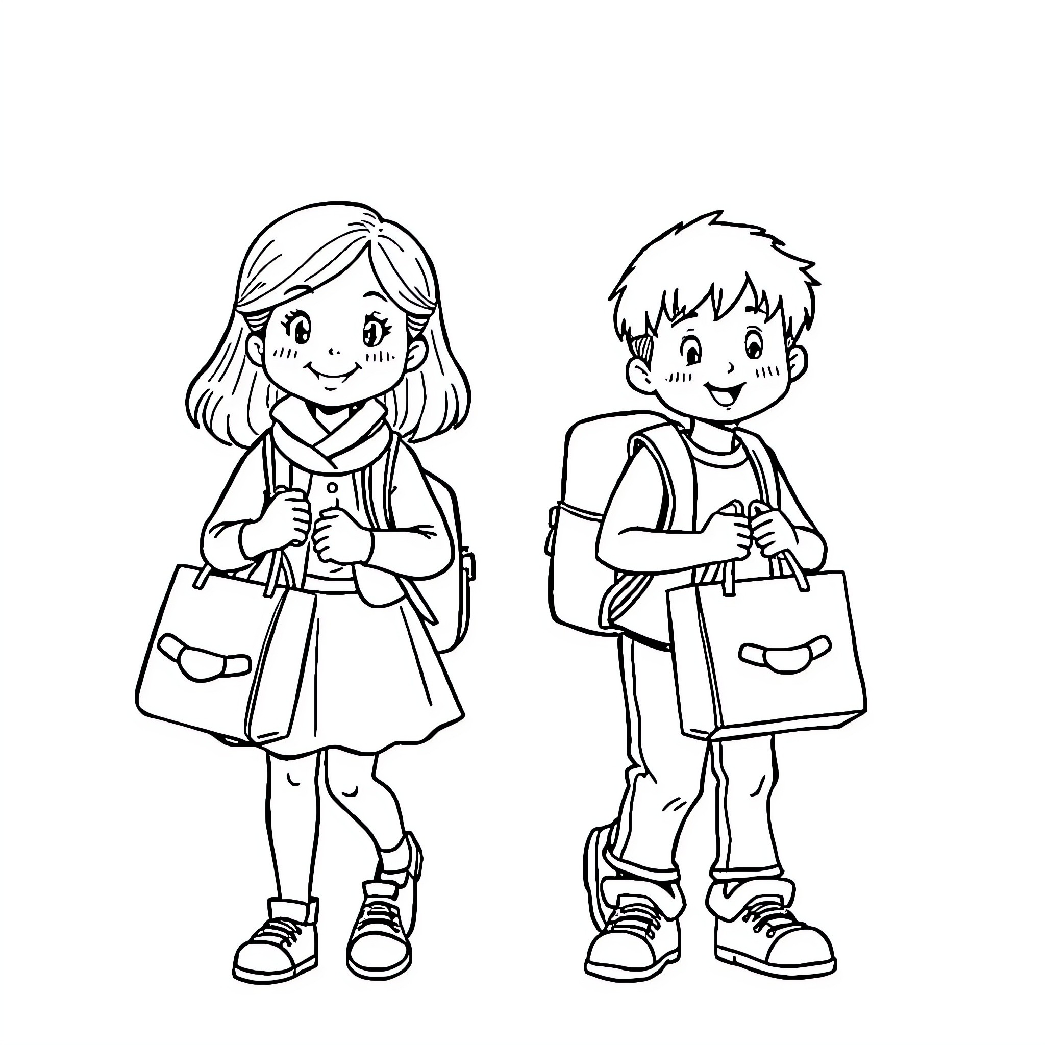 Child Siblings Going to School Together Coloring Page (free black-and-white line drawing printable PDF for all, from beginners to advanced learners, including children, teens, adults, and seniors)