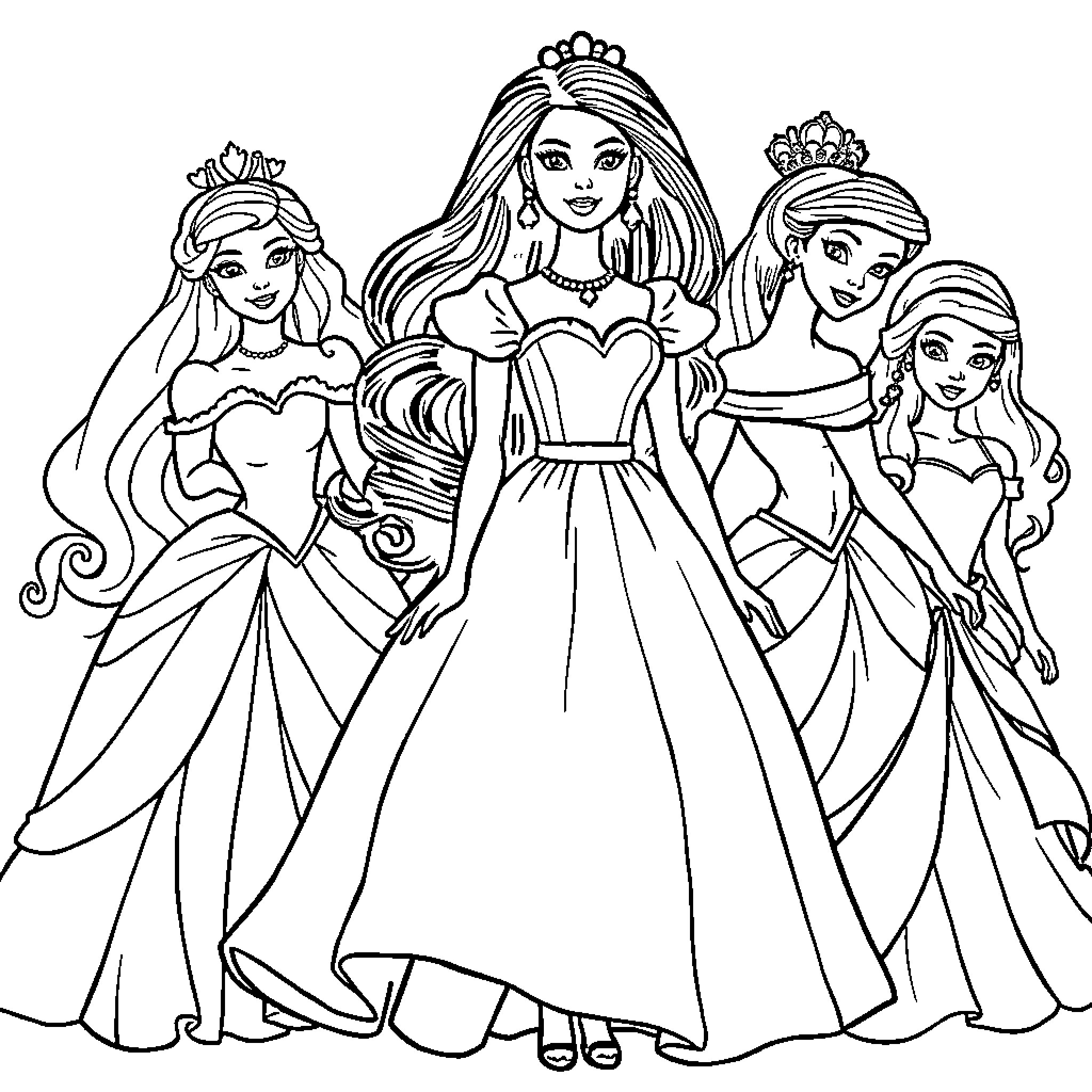 Barbie and her princess friends in fancy dresses Coloring Page (free black-and-white line drawing printable PDF for all, from beginners to advanced learners, including children, teens, adults, and seniors)