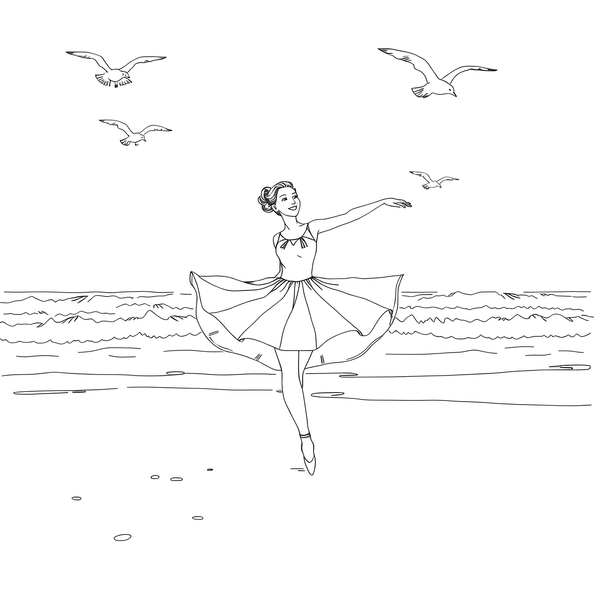 Ballerina dancing gracefully on the beach Coloring Page (free black-and-white line drawing printable PDF for all, from beginners to advanced learners, including children, teens, adults, and seniors)