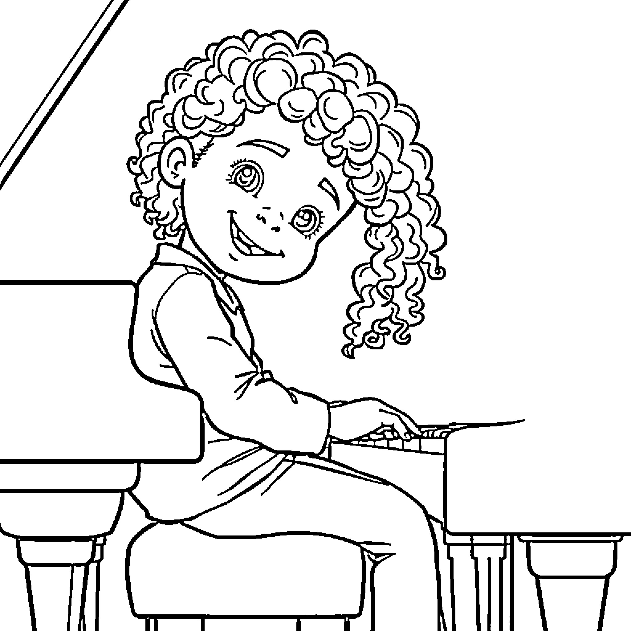 Piano player with curly hair Coloring Page (free black-and-white line drawing printable PDF for all, from beginners to advanced learners, including children, teens, adults, and seniors)