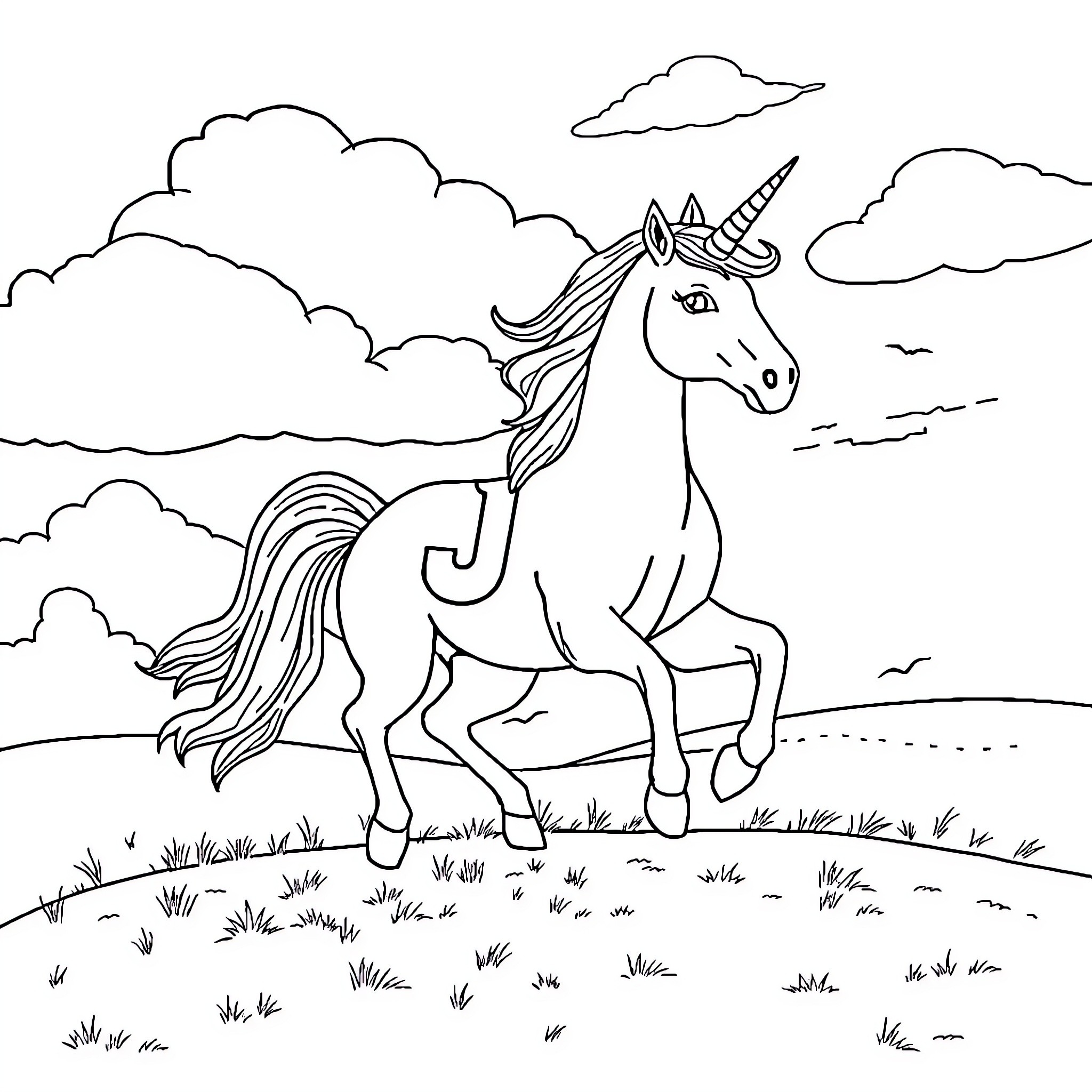 Unicorn running freely through a meadow Coloring Page (free black-and-white line drawing printable PDF for all, from beginners to advanced learners, including children, teens, adults, and seniors)